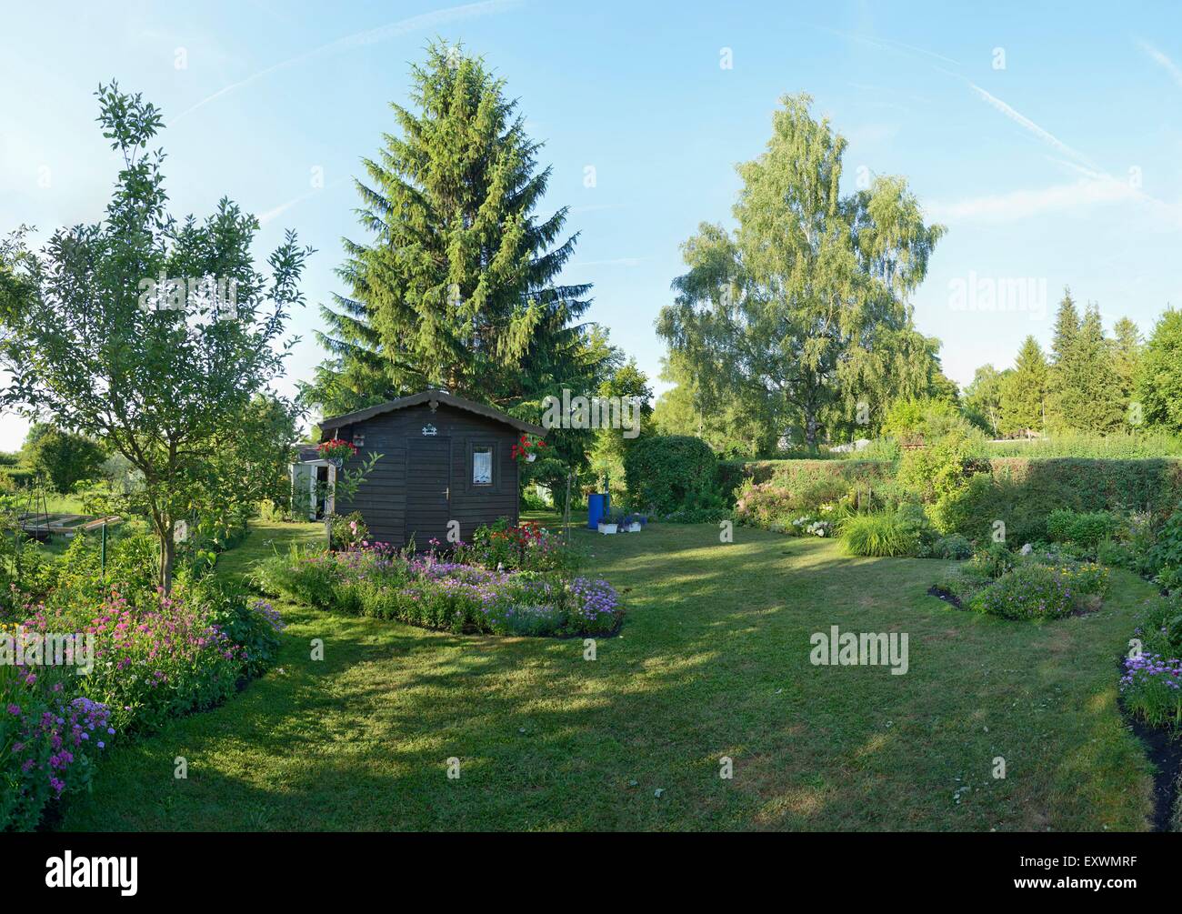 Allotment garden with a little cottagee Bavaria, Germany Stock Photo