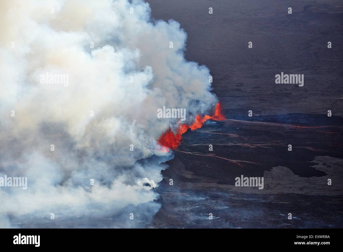 Volcano Bardarbunga, view on eruption at lava field Holuhraun at Sept 2nd 2014, Iceland Stock Photo