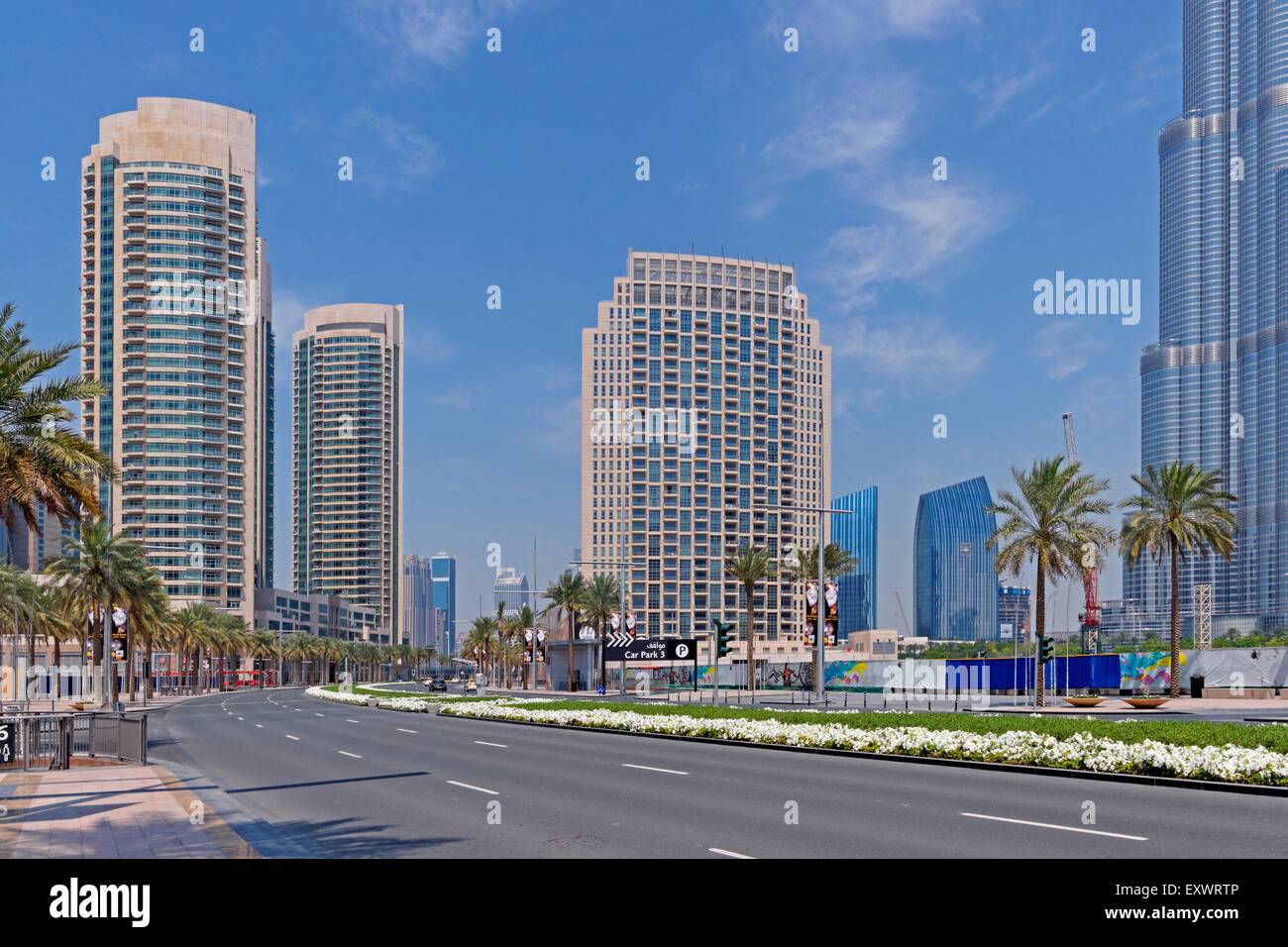 Sheikh Mohammed Bin Rashid Boulevard with skyscrapers, Dubai Stock Photo