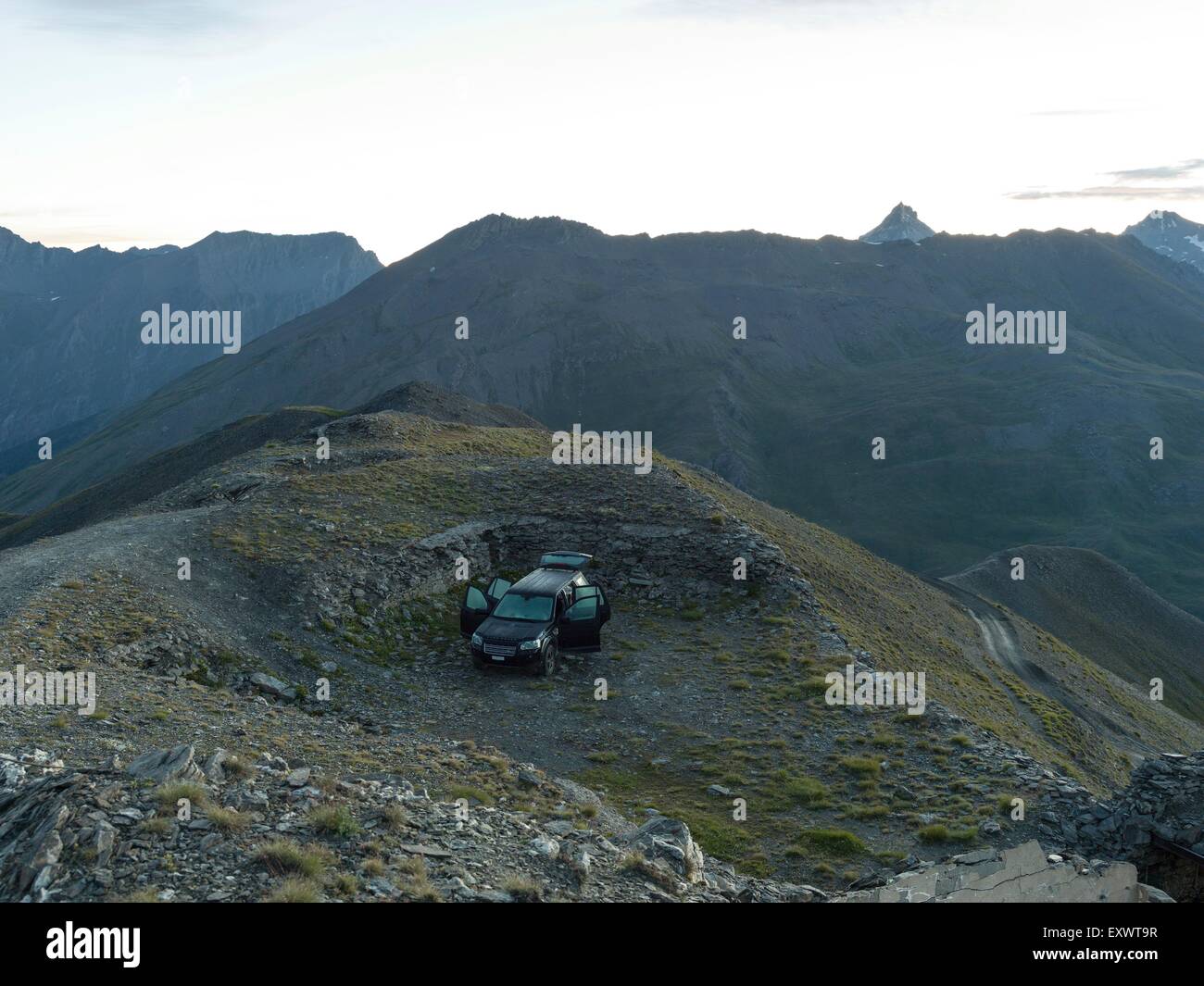 Off-road vehicle, Monte Jafferau, Cottian Alps, West Alps, Piemont, Italy, Europe Stock Photo