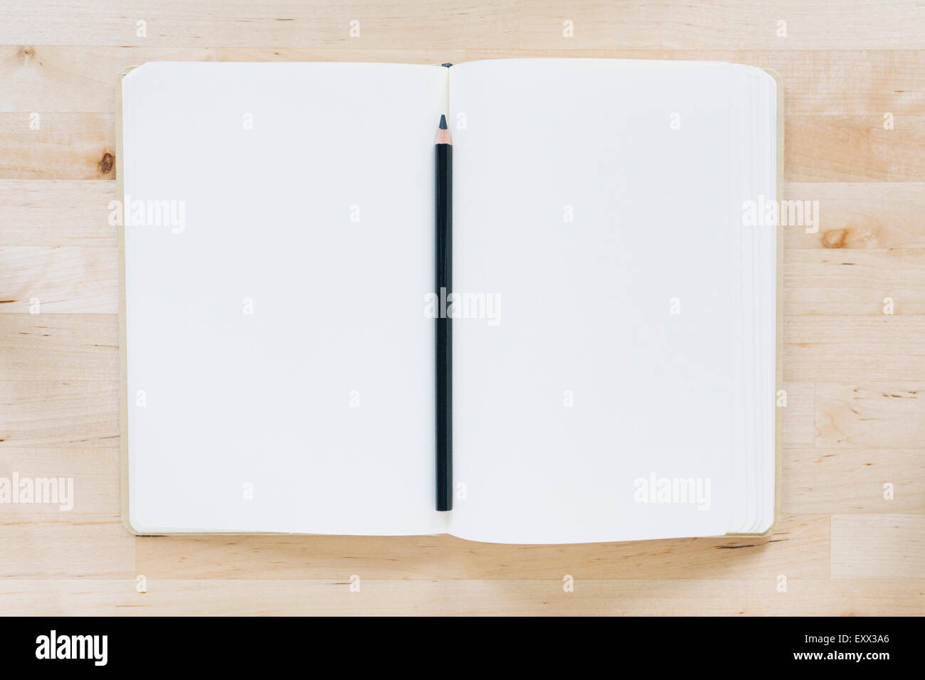 Overhead view of pencil in notebook Stock Photo