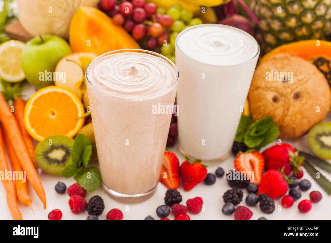 Smoothies and fruit Stock Photo