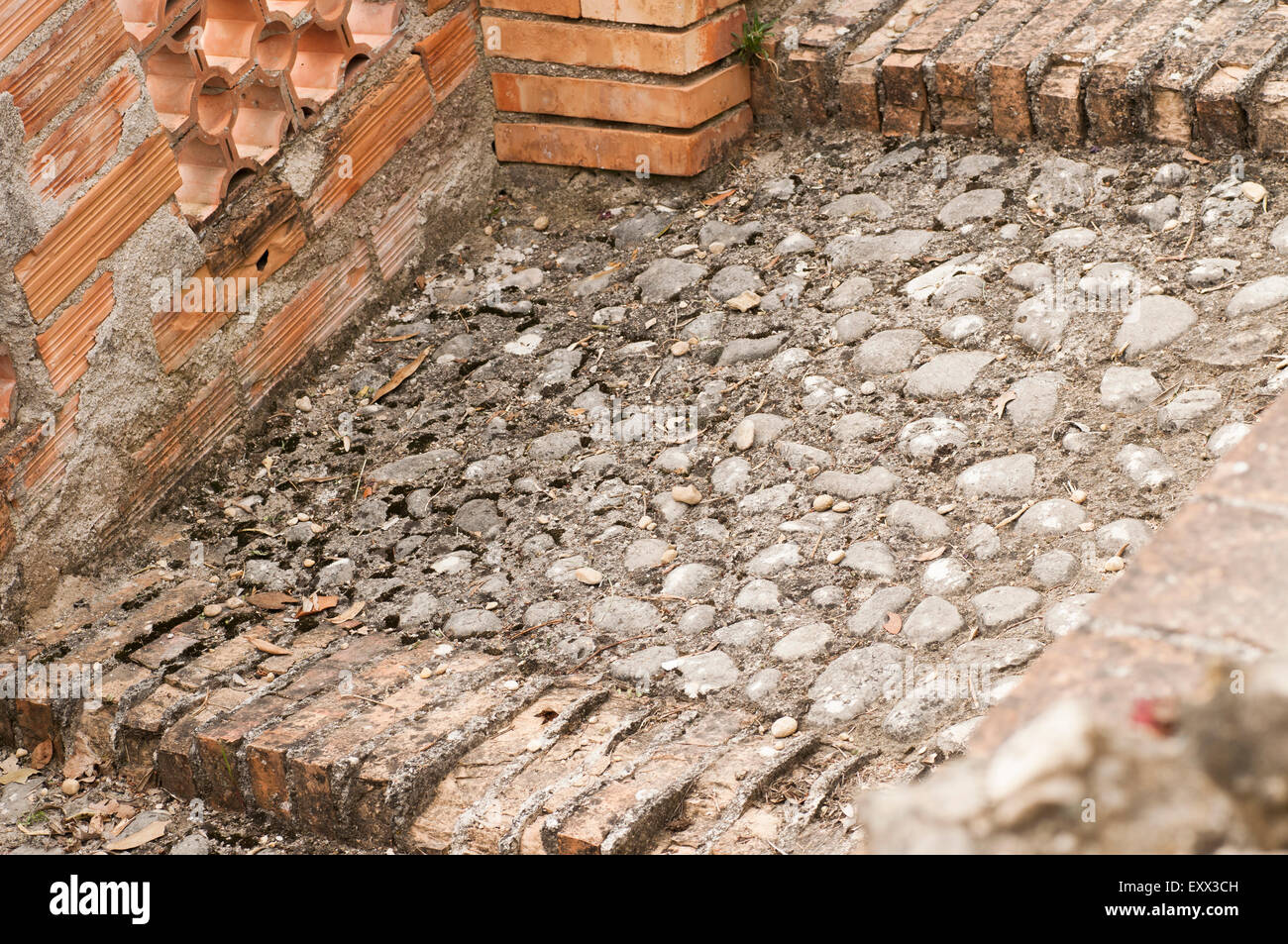 construction of a staircase in brick and stone Stock Photo