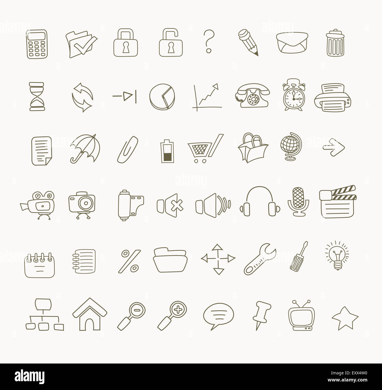 Different media and office icons- line drawing Stock Photo