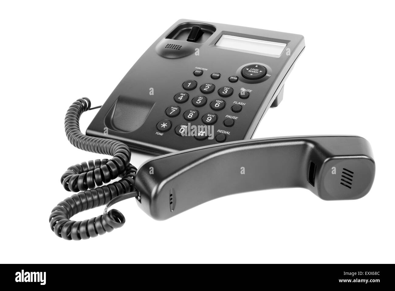 Picture of a business phone isolated on a white background with the receiver off of the hook Stock Photo