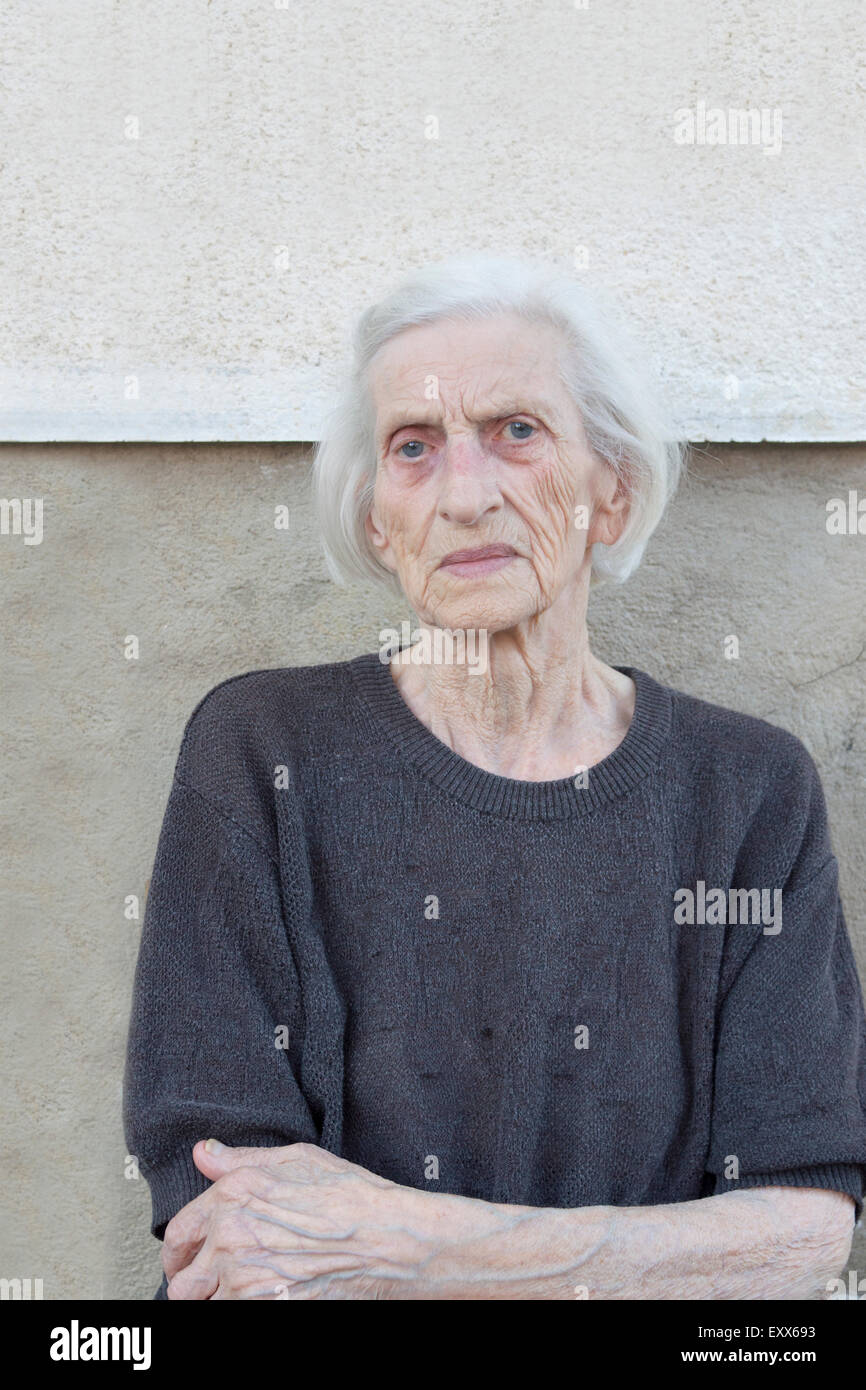 Portrait of a ninety years old grandma outdoors Stock Photo