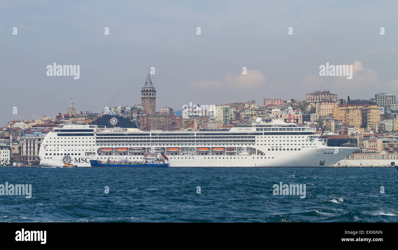 ISTANBUL, TURKEY - APRIL 26, 2015: MSC Opera Cruise Ship in Istanbul Port. Ship has 2,055 passenger capacity with 58,058 gross t Stock Photo