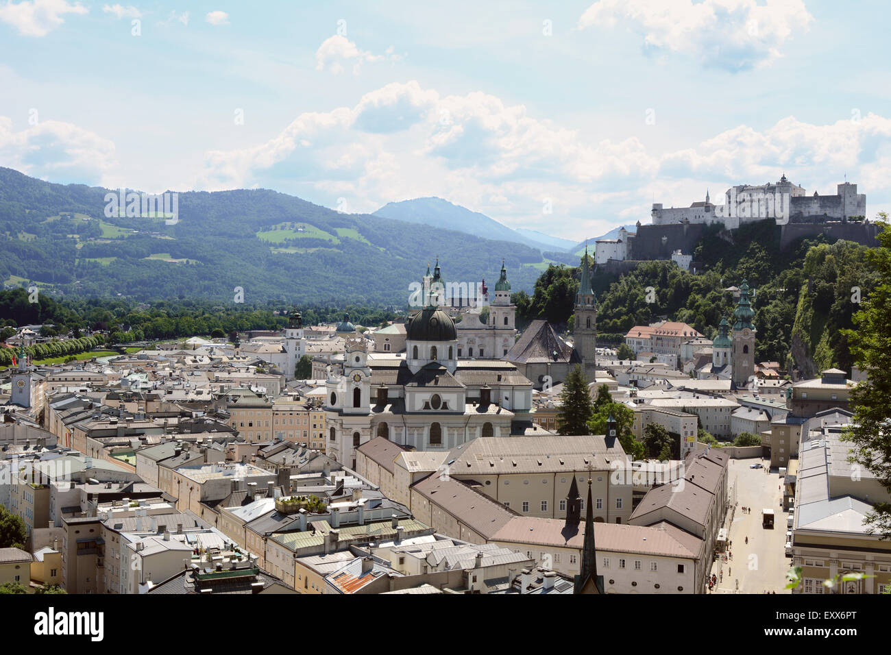 Salzburg Old Town with historic buildings and churches lies at the foot