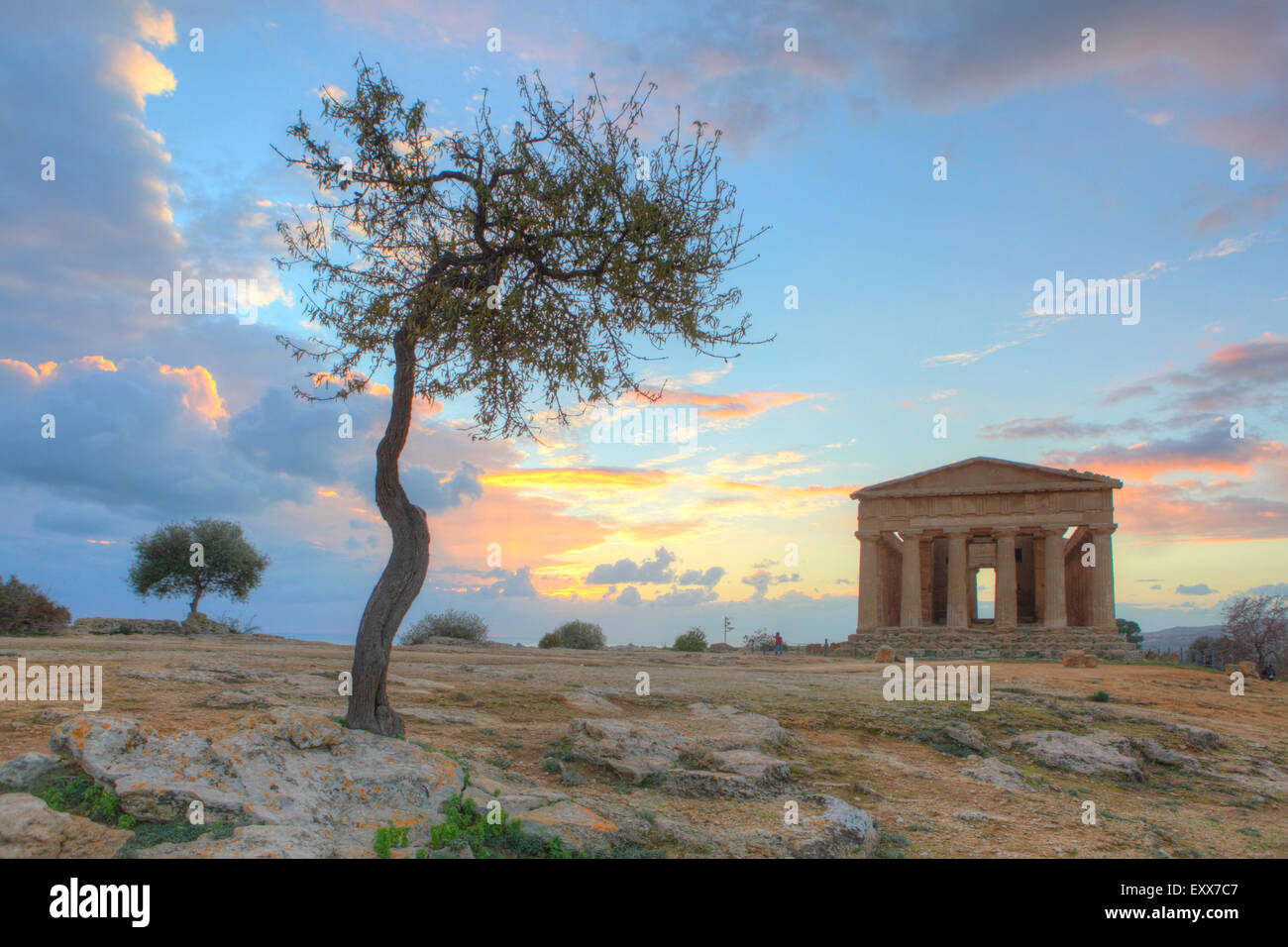 The Temple of Concordia at sunset, Valley of the Temples, Agrigento, Sicily, Italy Stock Photo