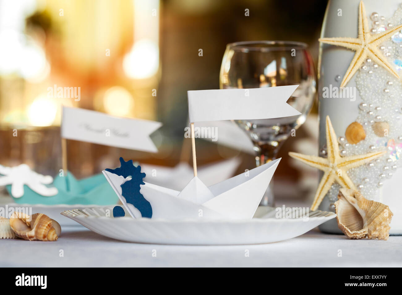 Wedding table setting in nautical style. Stock Photo