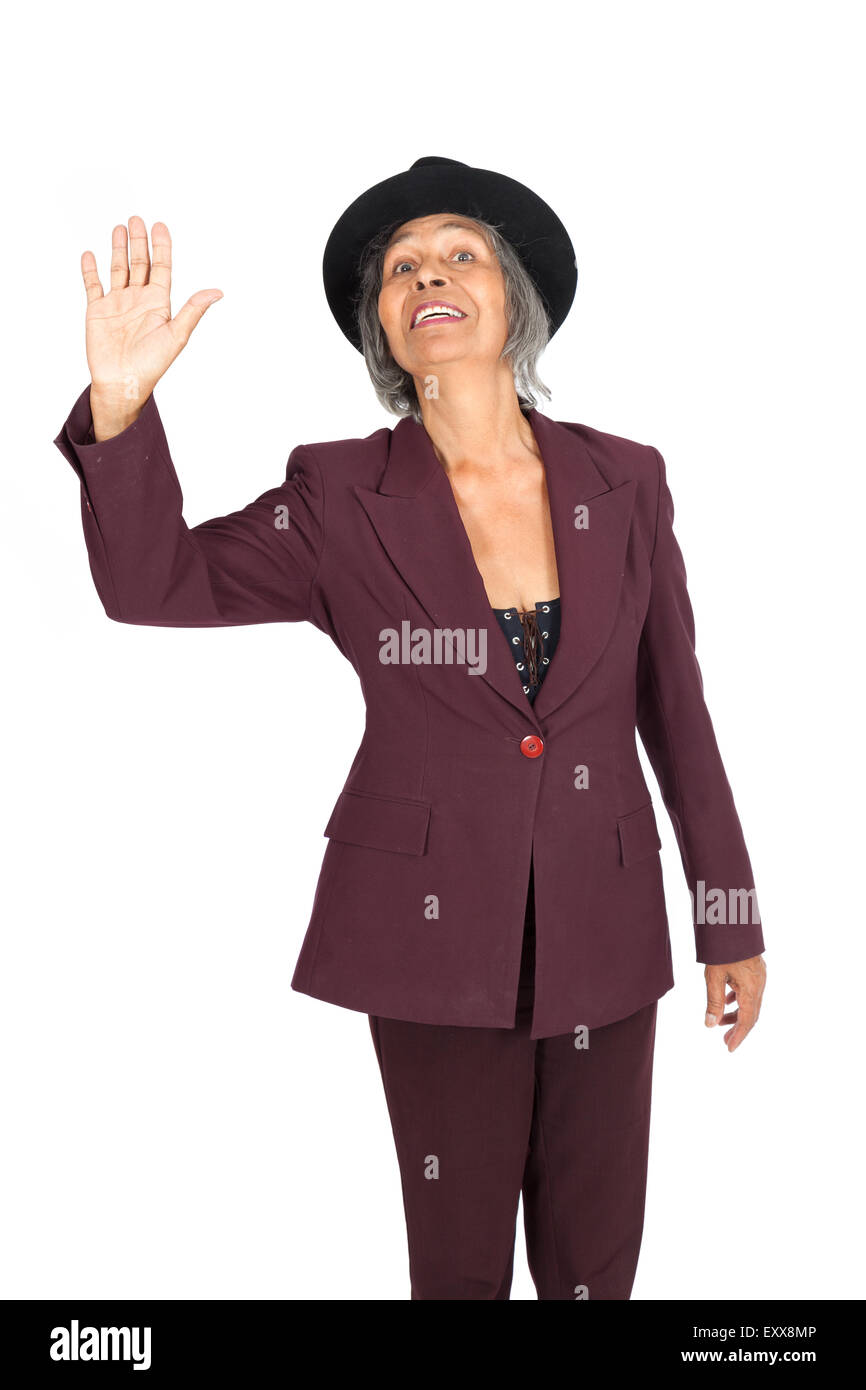 Beautiful woman doing different expressions in different sets of clothes: waving Stock Photo