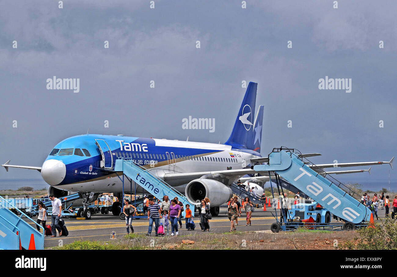 Airbus A320-233 of Tame airlines landed Baltra airport Galapagos Ecuador Stock Photo