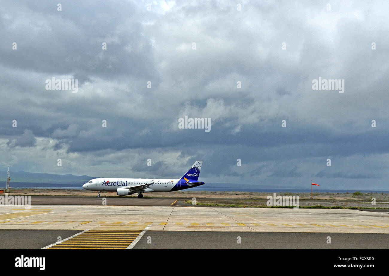 Airbus A320-200 of AeroGal airlines landing in Baltra airport Galapagos Ecuador Stock Photo