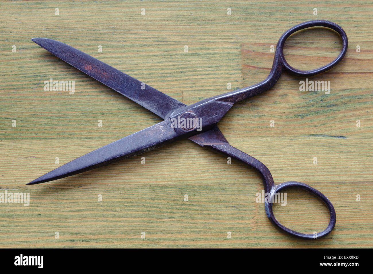 Vintage Metal Cutting Scissors On Wooden Stock Photo