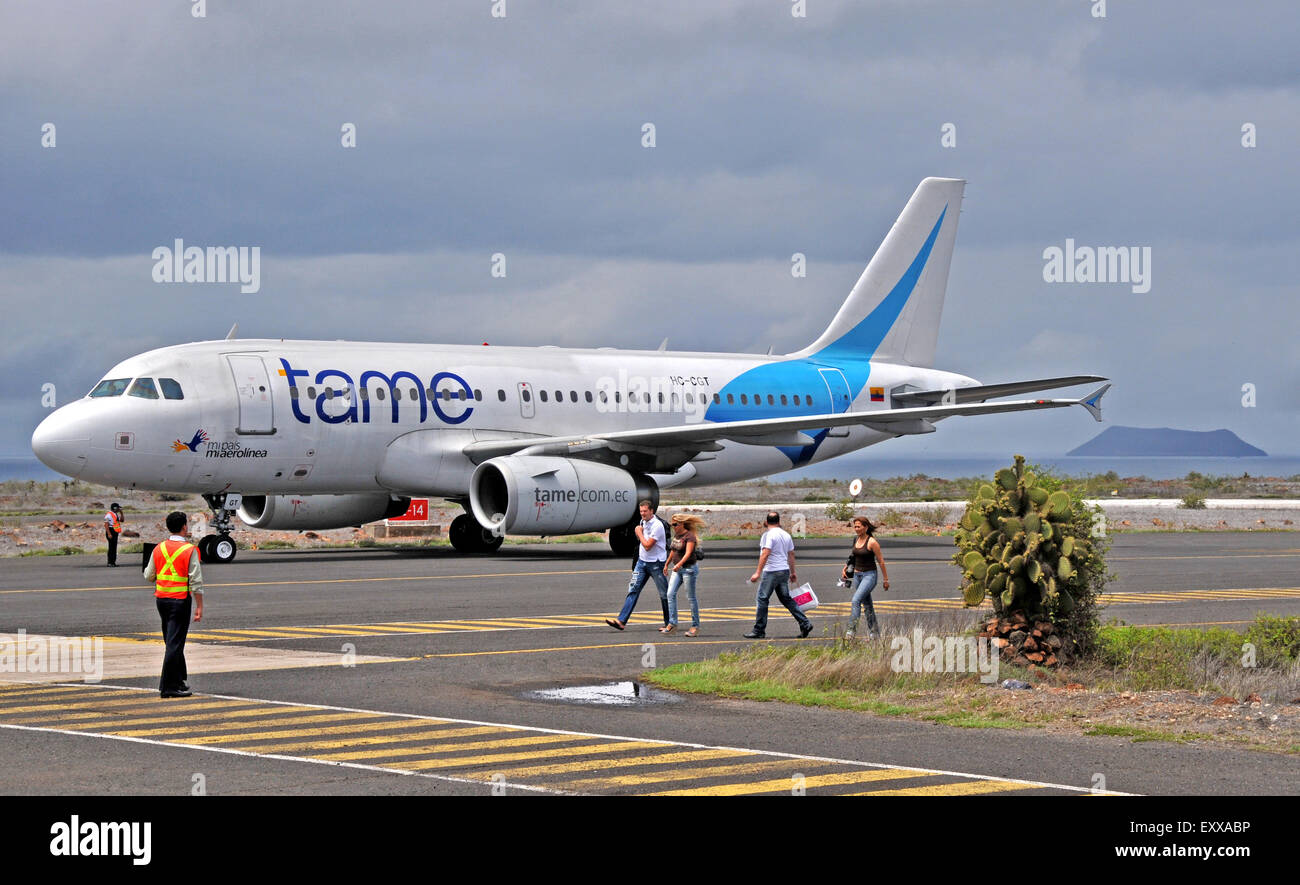 Airbus A320-233 of Tame airlines landed Baltra airport Galapagos Ecuador Stock Photo