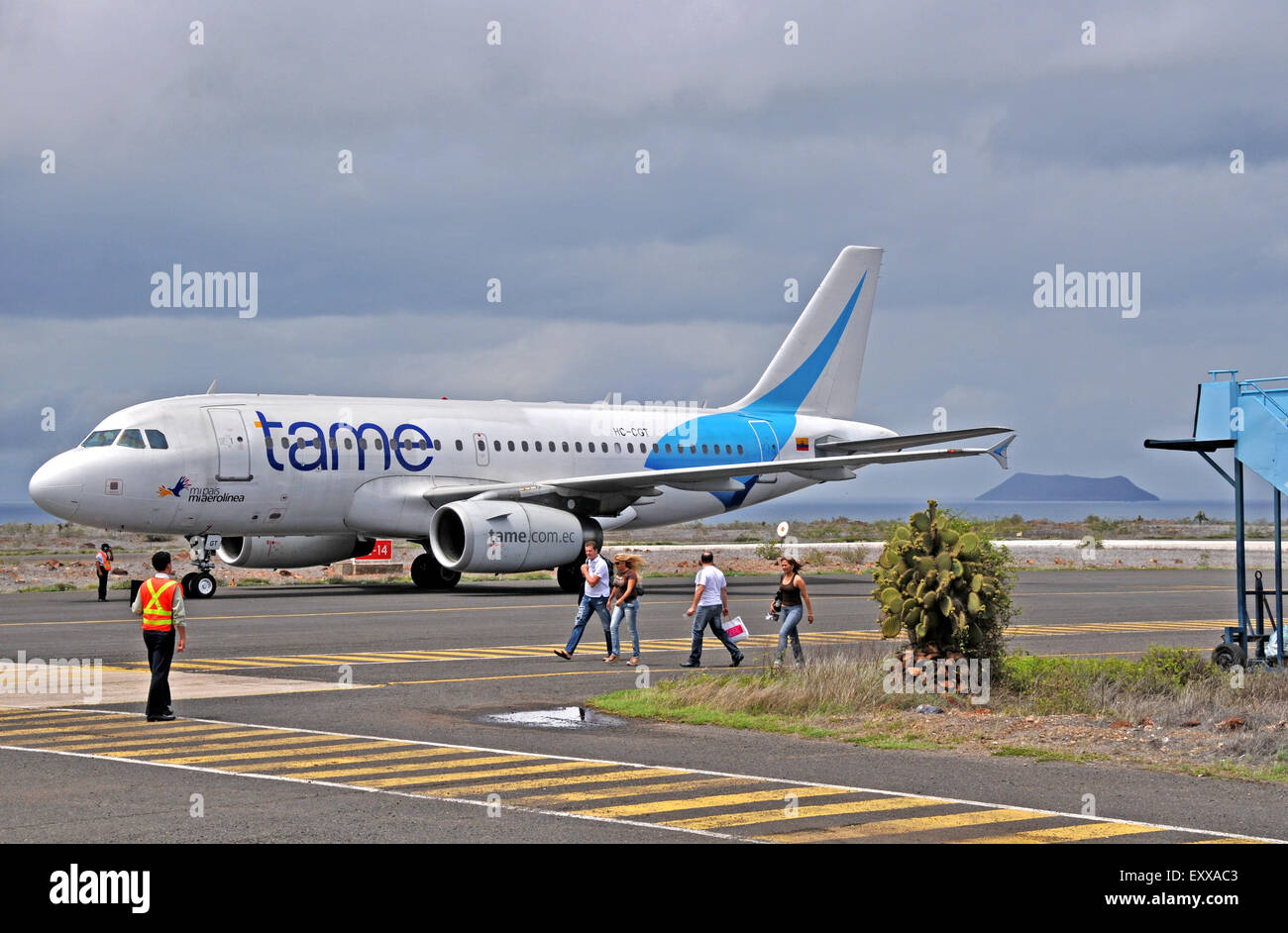 Airbus A320-233 of Tame airlines landed Baltra airport Galapagos Ecuador Stock Photo