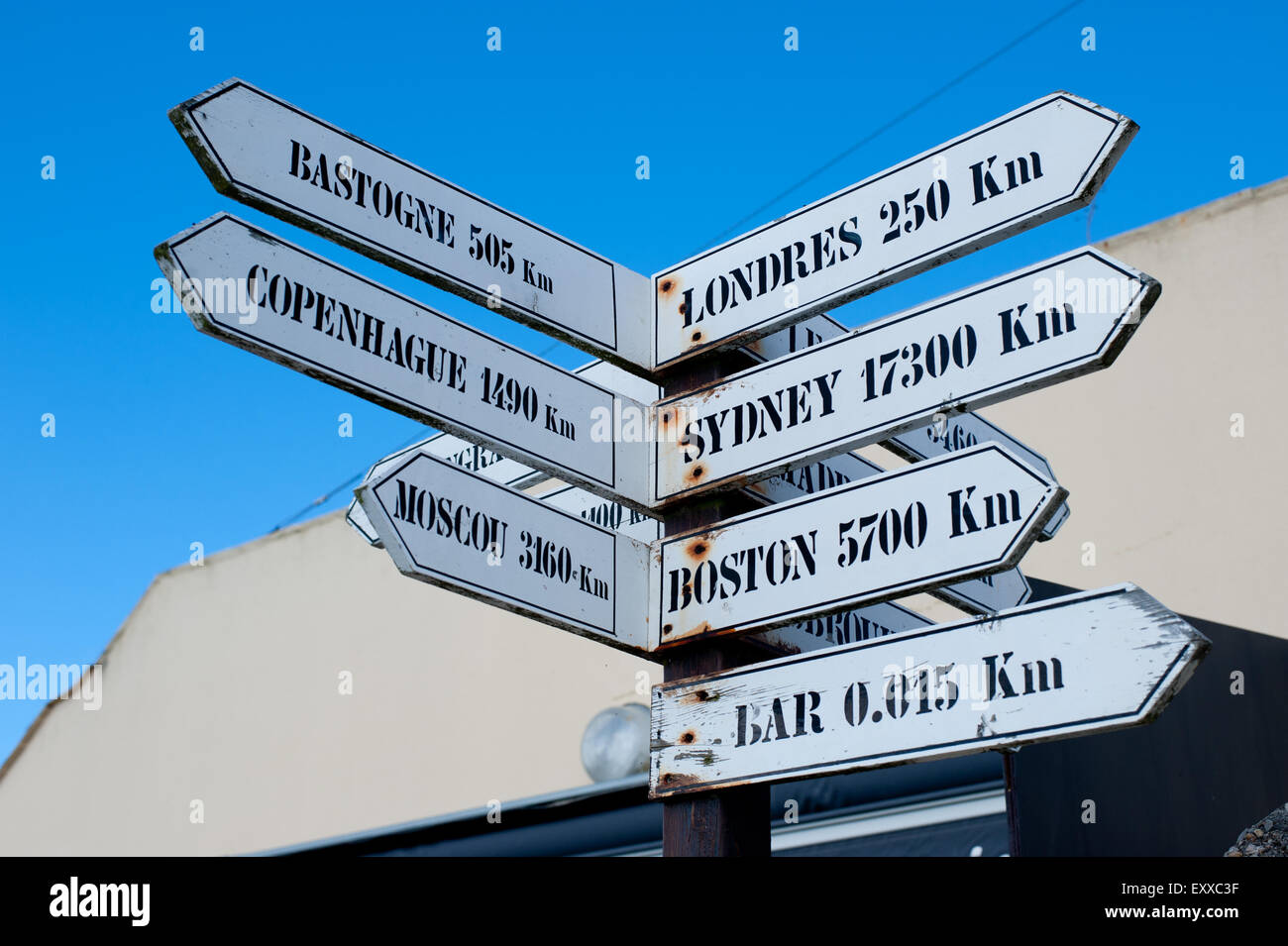 Road sign near cafe in Normandy , Utah beach, France, Stock Photo