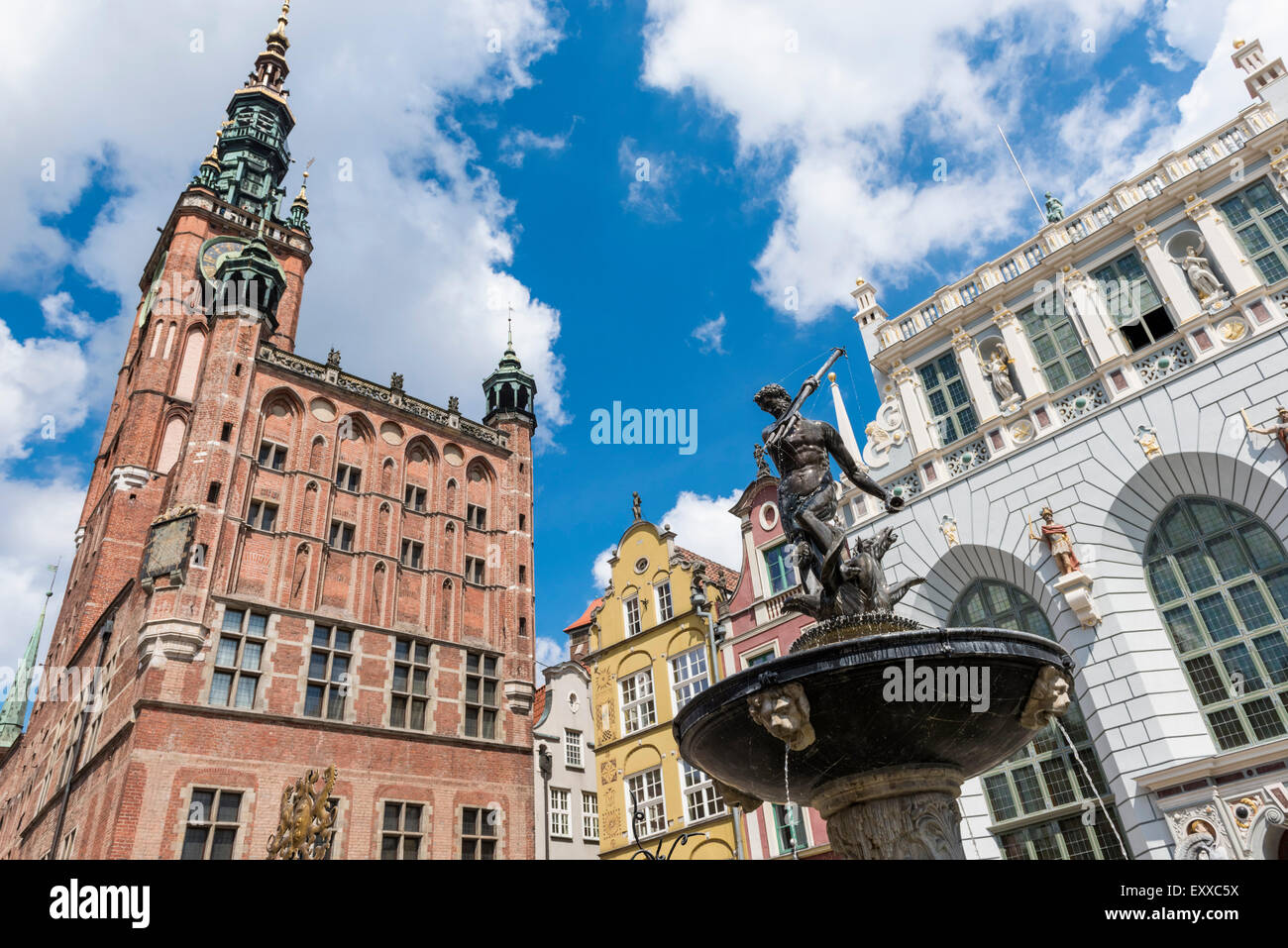 The Neptune Fountain in front of the Main Town Hall in Gdansk city center, Poland, Europe Stock Photo
