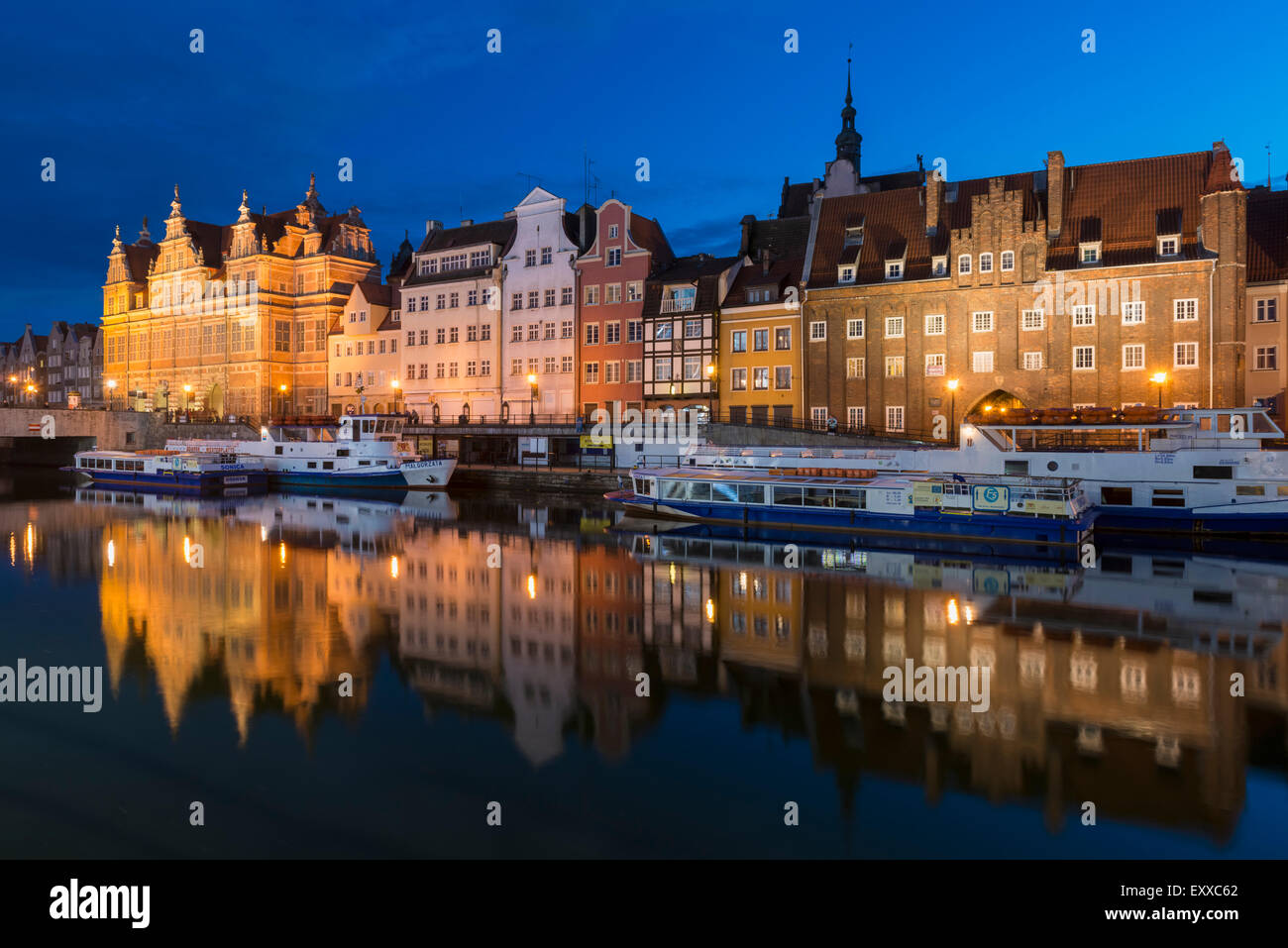 Gdansk - Old town or Stare Miasto in Gdansk, Poland, Europe on the banks of the River Motlawa at night Stock Photo