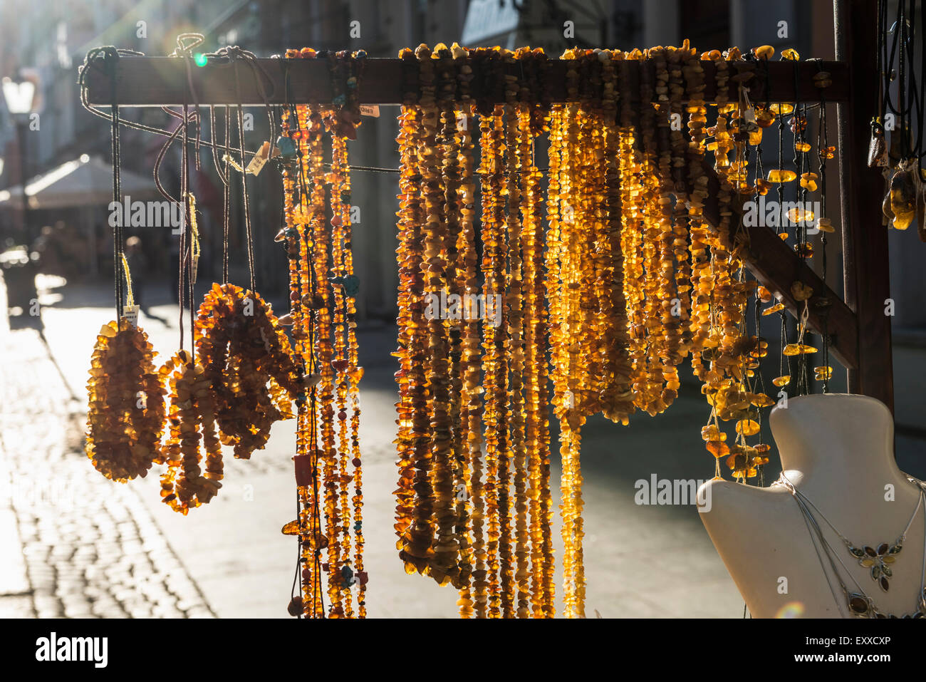 Amber, the local stone often referred to as ‘Baltic Gold’ on sale at a stall in Gdansk, Poland, Europe Stock Photo