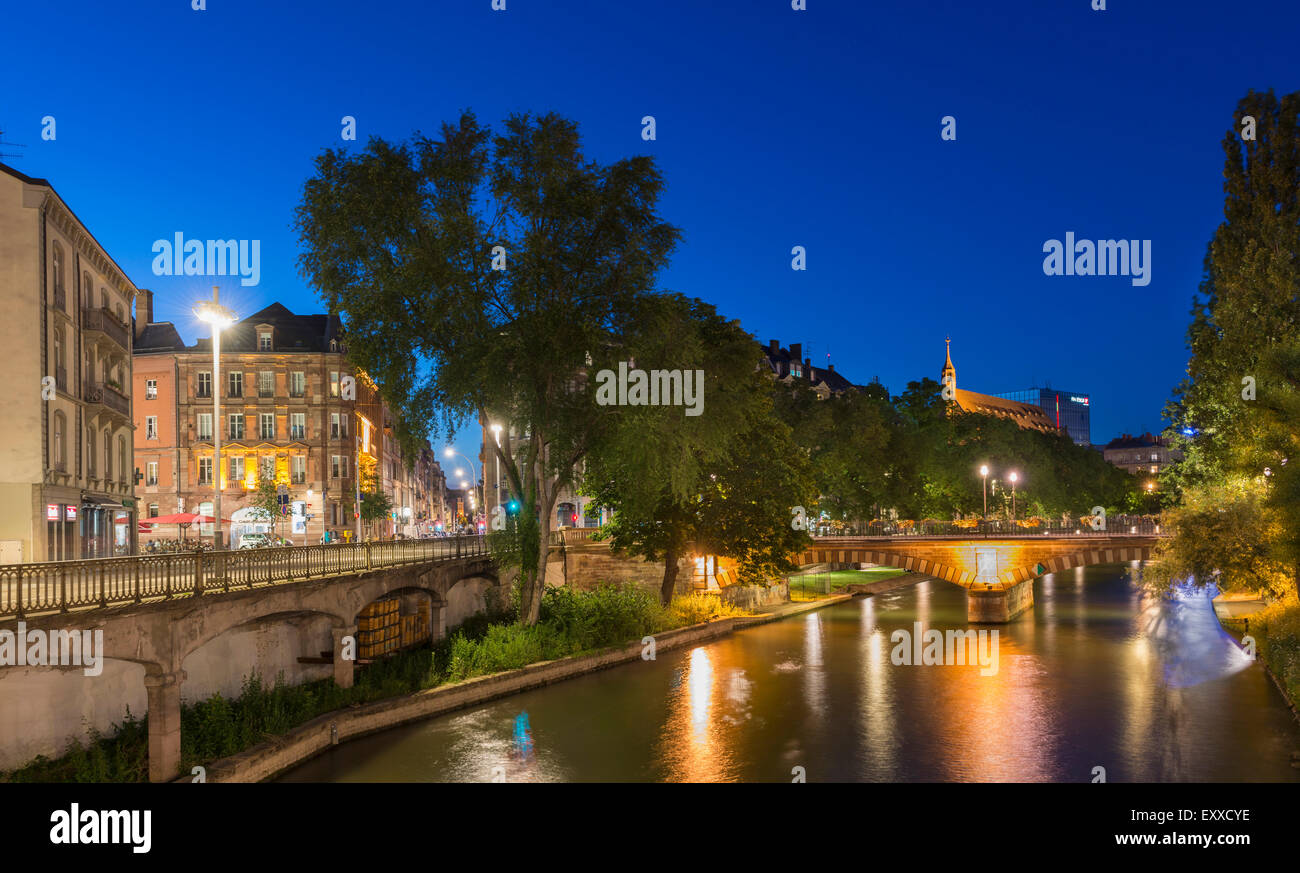 Strasbourg with the River Ill, France, Europe - at night Stock Photo