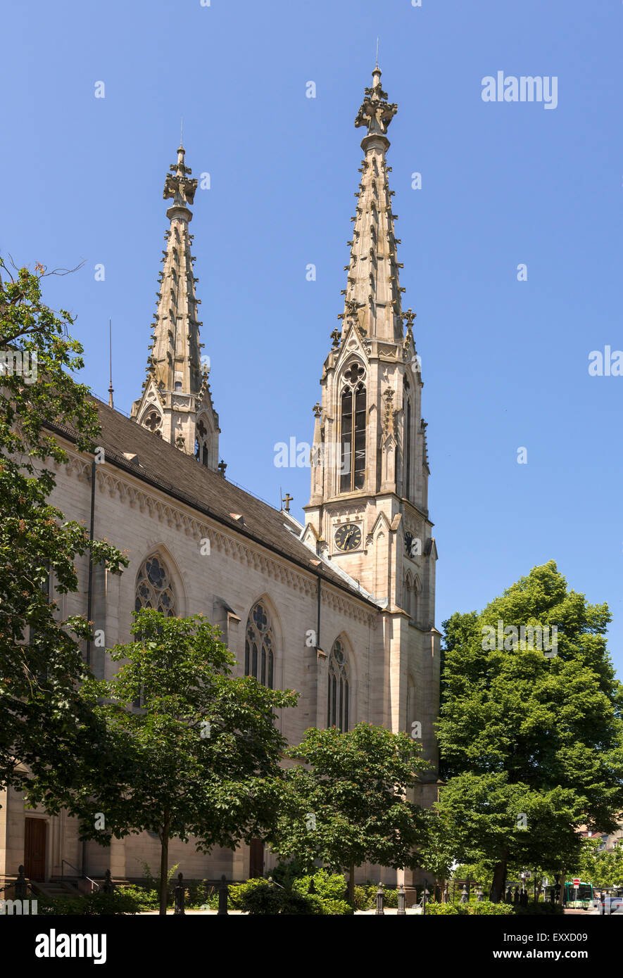 Twin spires of the Evangelische Stradtkirche Protestant Church known as Town Church in Baden-Baden, Baden-Wurttemberg, Germany Stock Photo