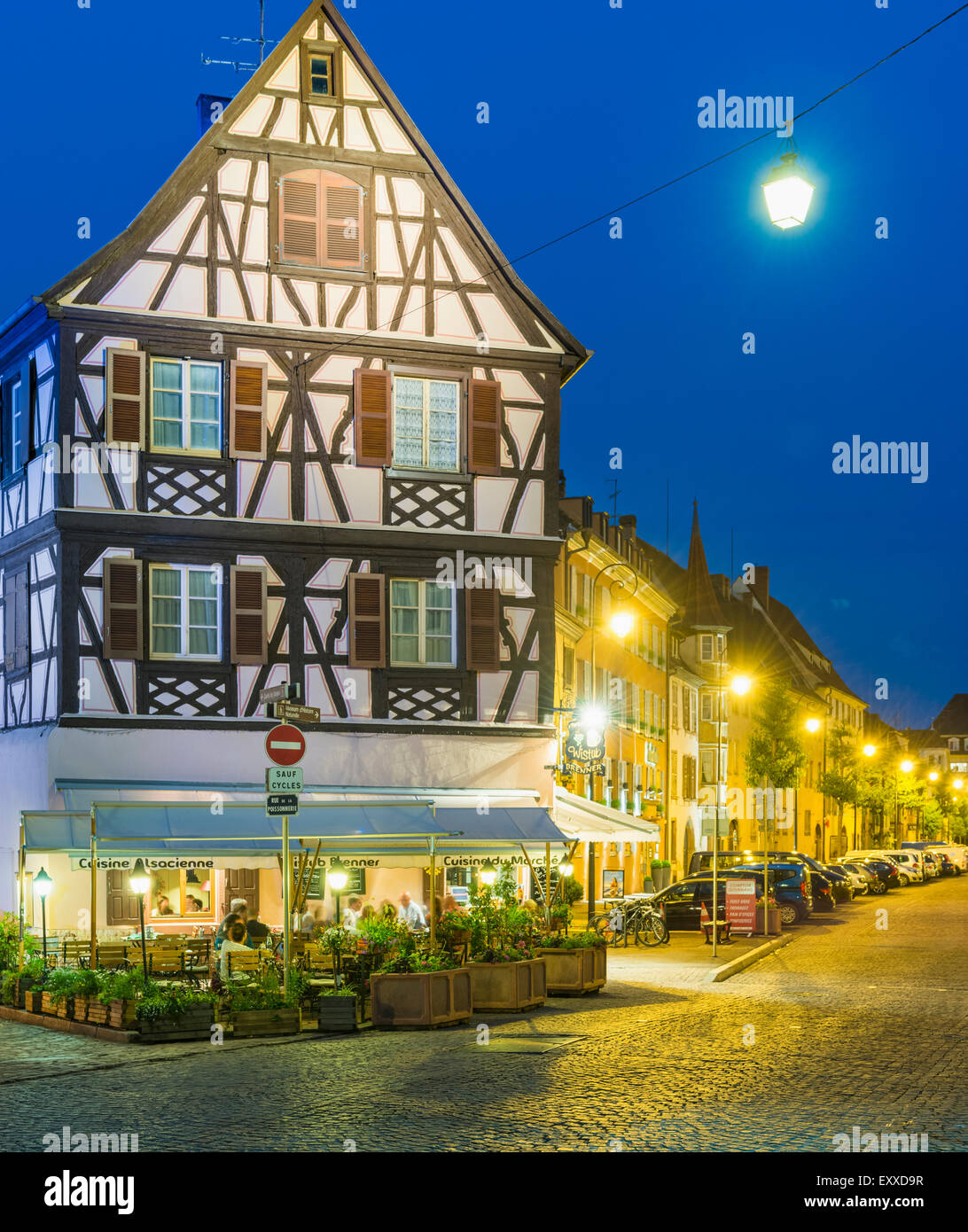 Old Town district in Colmar, Alsace wine region, France, Europe with restaurant and medieval buildings Stock Photo