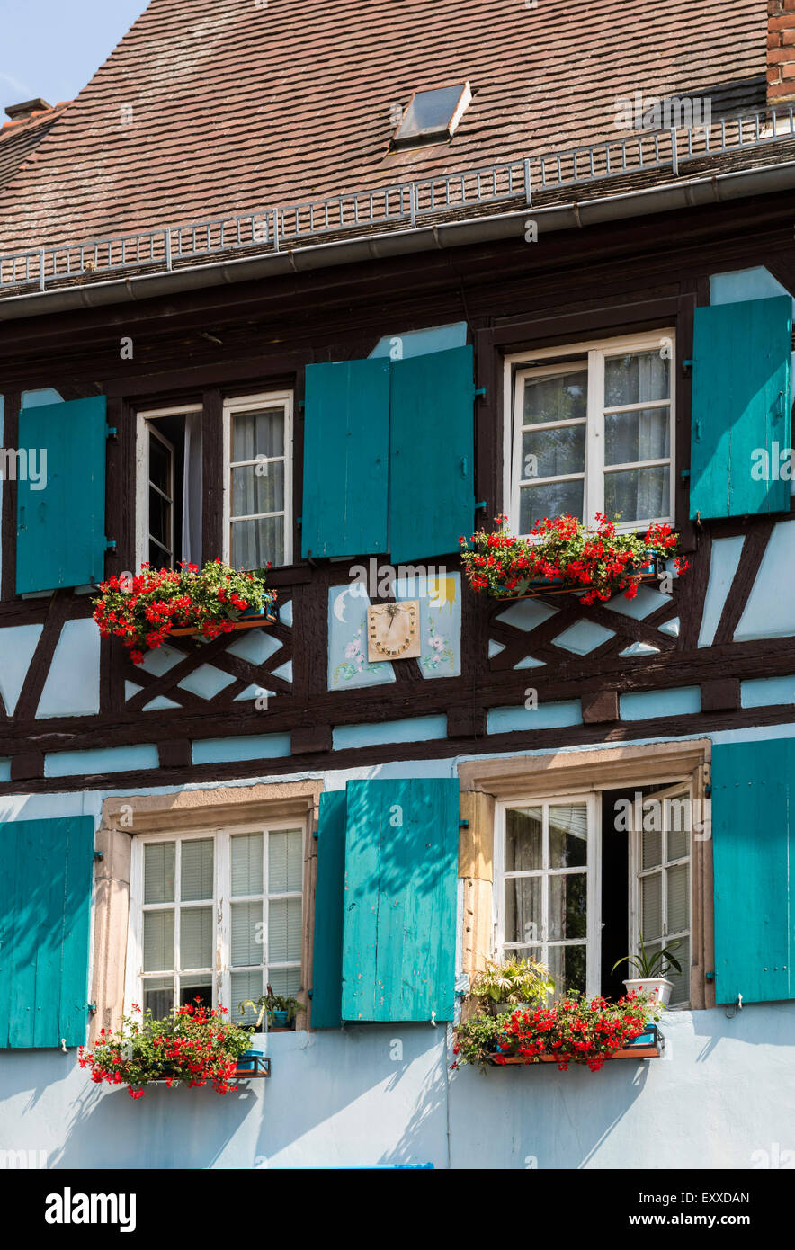 Typical half-timbered house in La Petite Venise or Little Venice district in old town of Colmar, Alsace, France, Europe Stock Photo