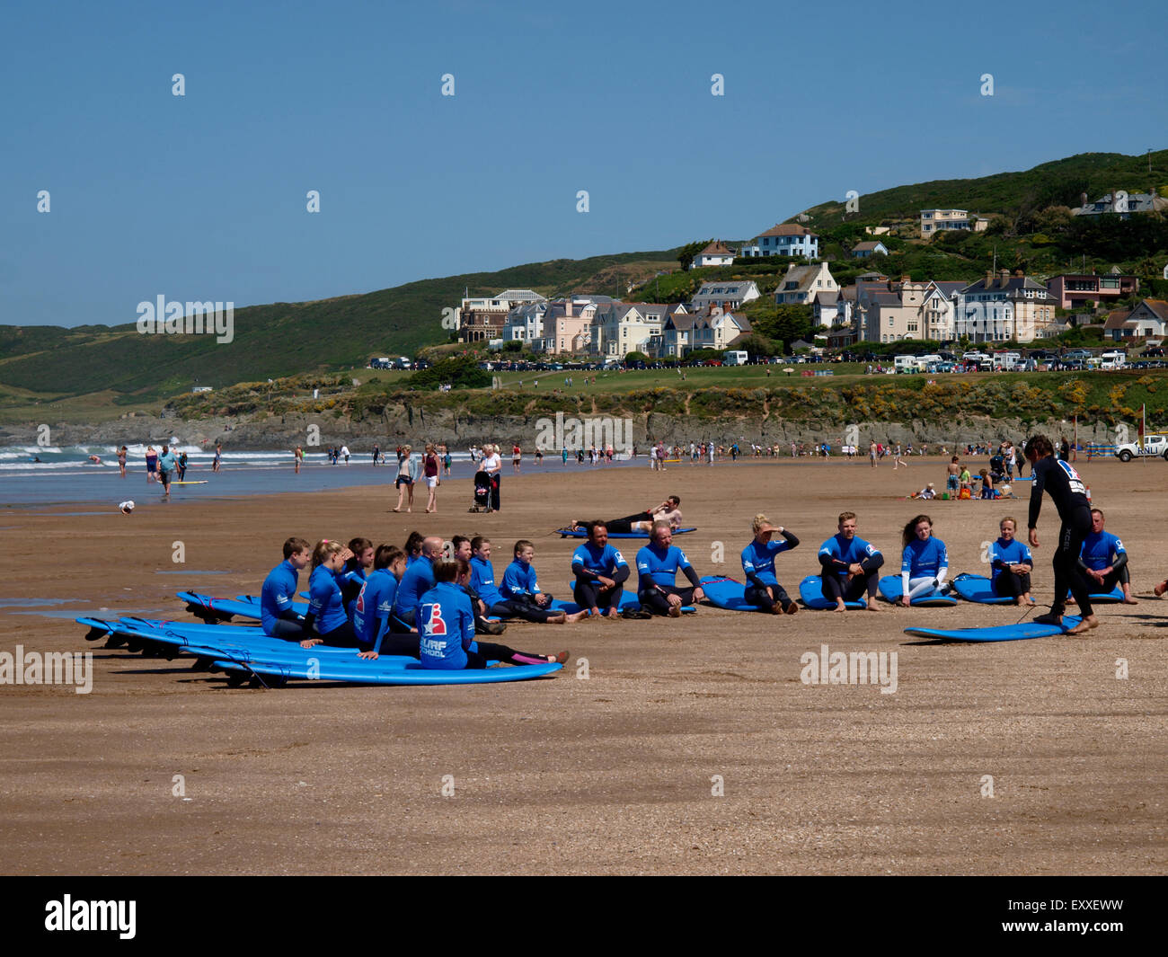 Surf school, Woolacombe, Devon, UK Stock Photo