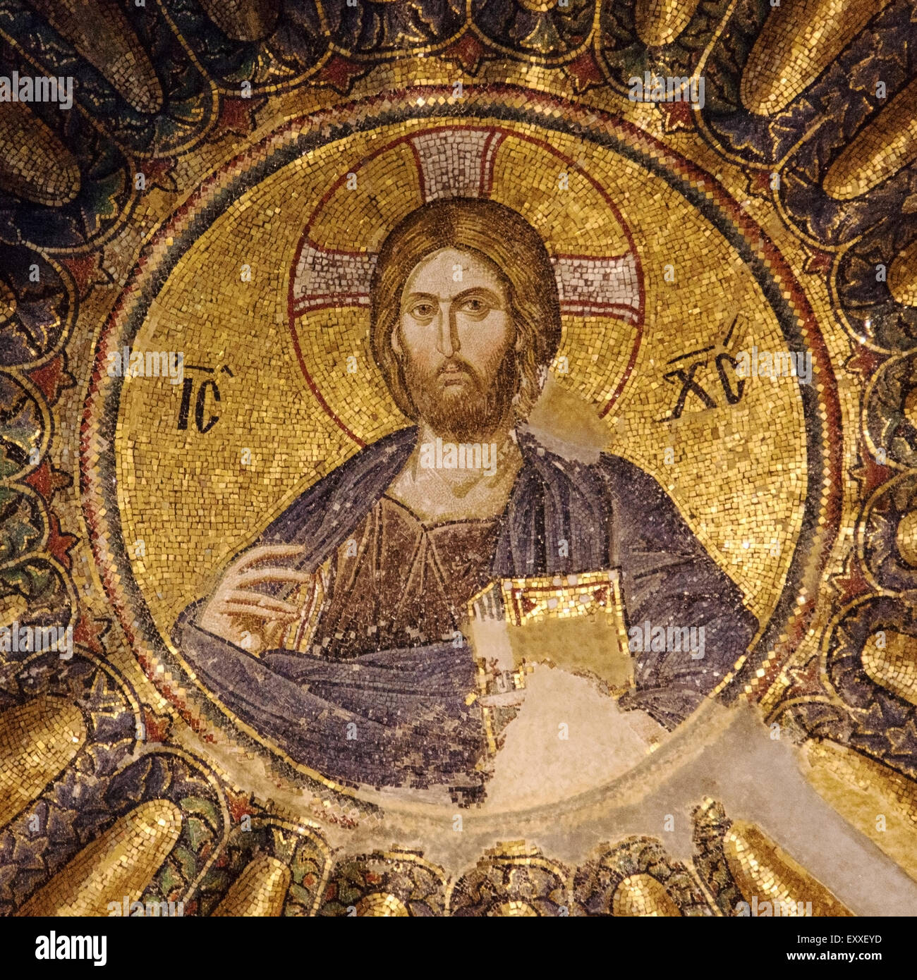 Mosaic of Christ Pantocrator in the south dome of the inner narthex of Chora church, Istanbul, Turkey. Stock Photo