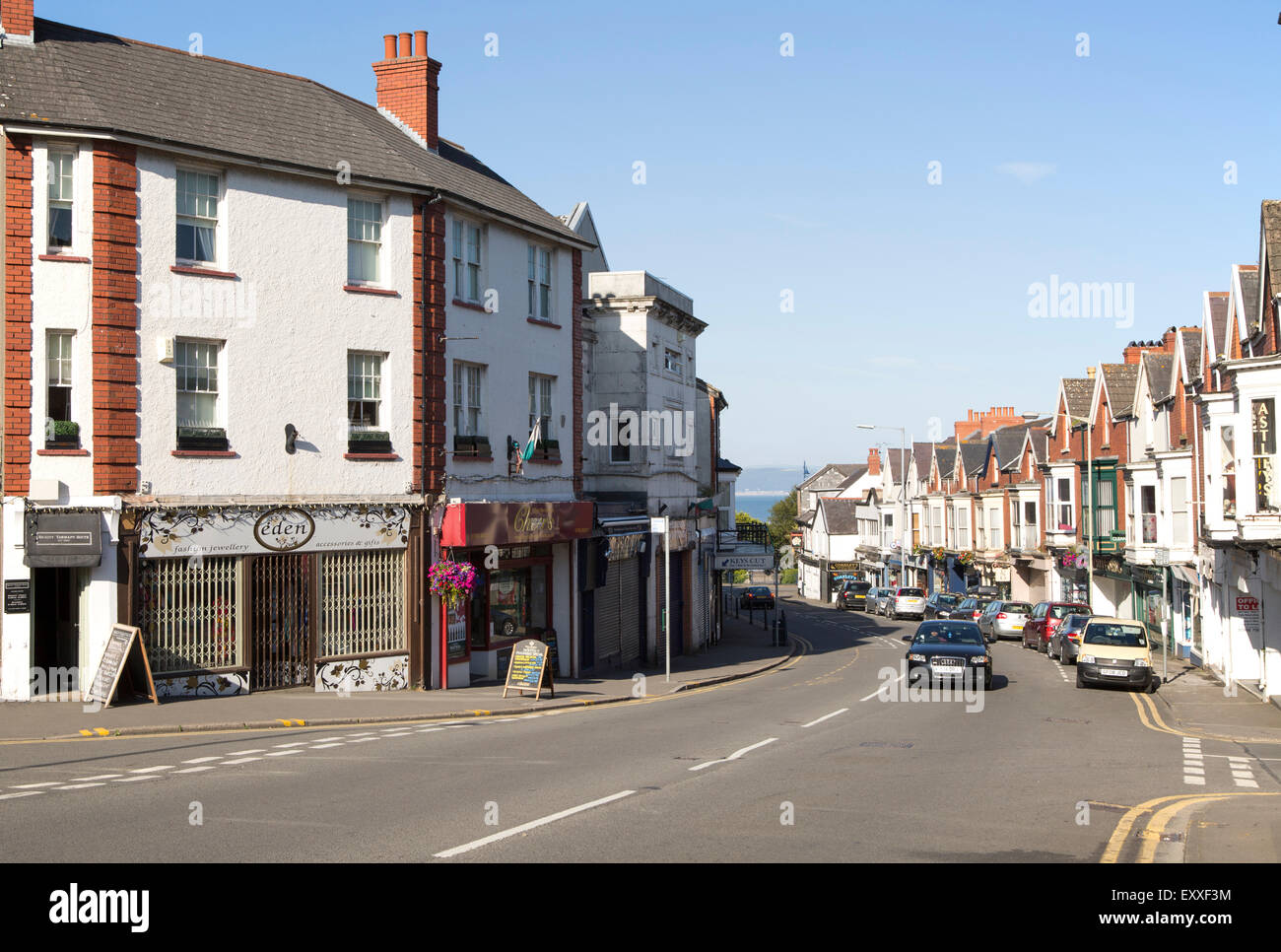 Main shopping street in Oystermouth, Mumbles, Gower peninsula, near Swansea, South Wales, UK Stock Photo