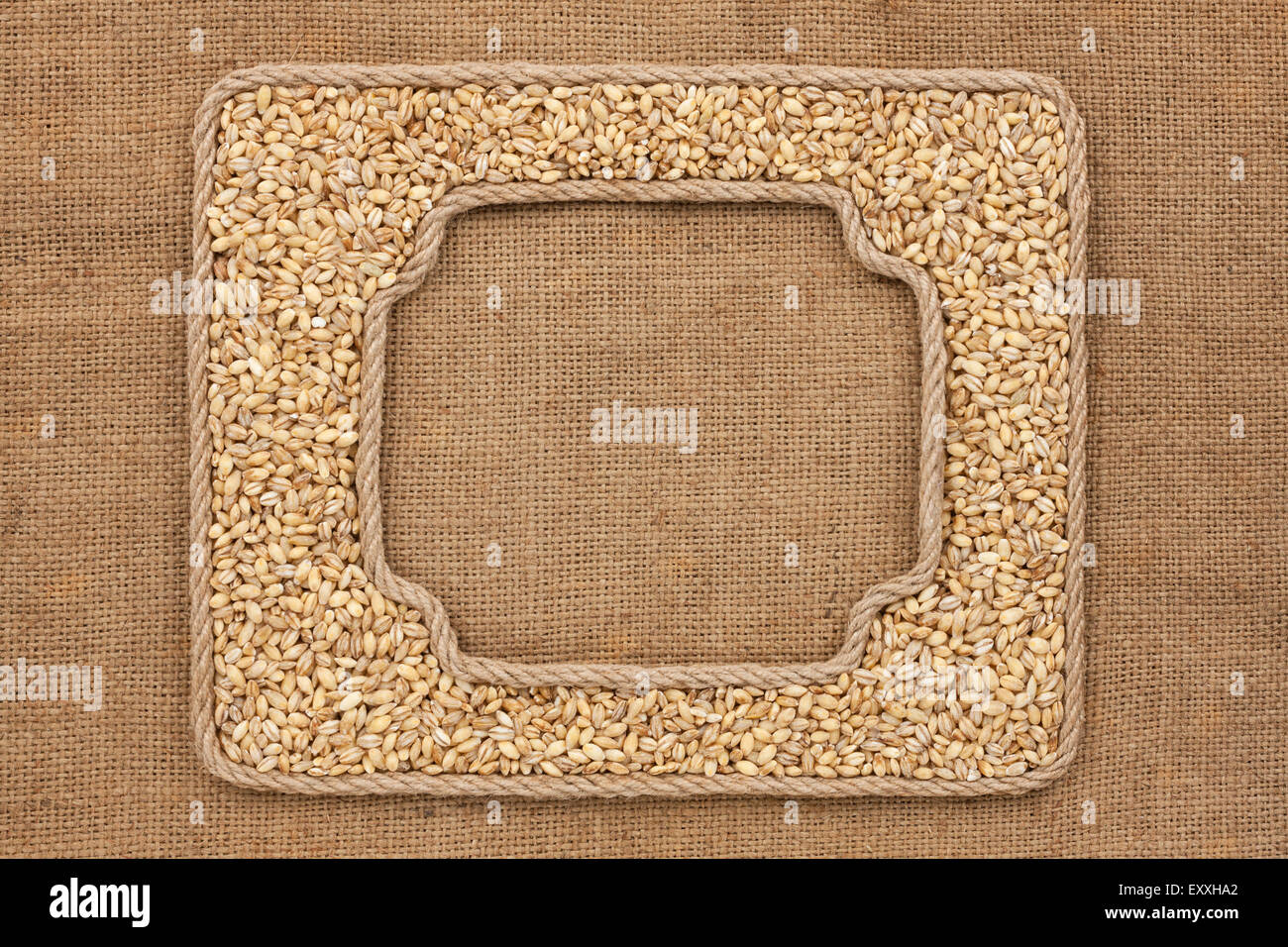 Two frames made of rope with pearl barley grains on sackcloth, as ...