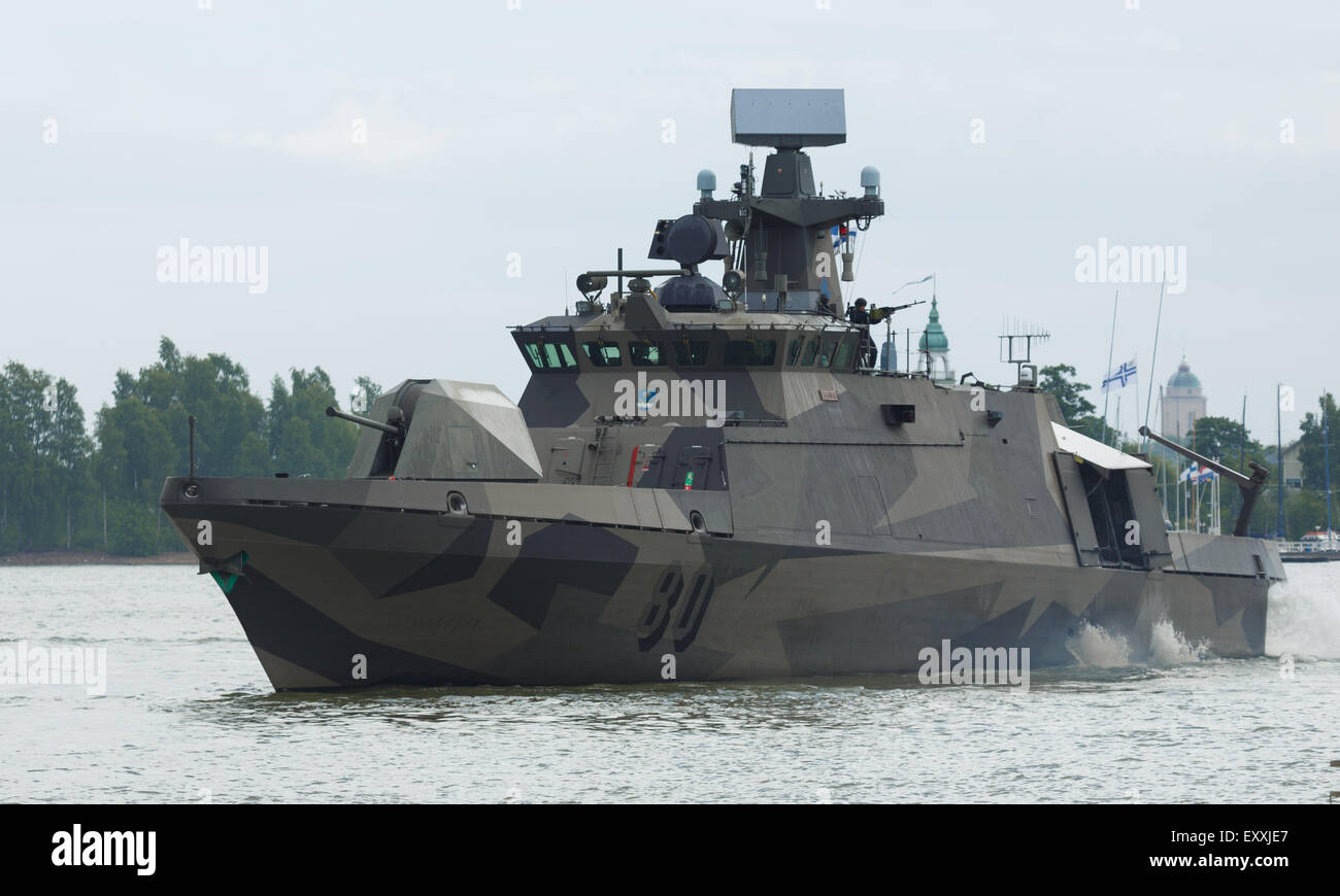 Missile boat FNS Hamina demonstrating its actions on the Anniversary Day of the Finnish Navy in Helsinki South Harbor 2015. Stock Photo