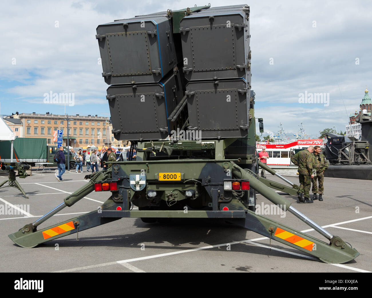 RBS-15 SF anti-ship missile launcher of the Finnish Navy on display in Helsinki on the Navy Anniversary Day of 2015. Stock Photo