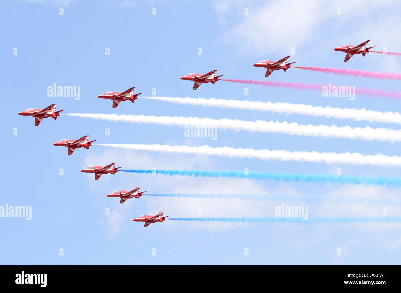Red Arrows display at RIAT 2015, Fairford, UK. Credit:  Antony Nettle/Alamy Live News Stock Photo