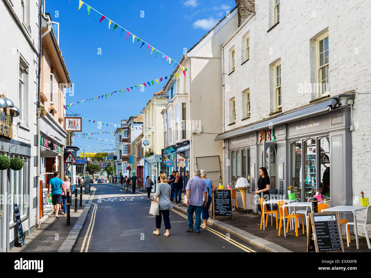 Shops on Arwenack Street in the town centre, Falmouth, Cornwall, England, UK Stock Photo