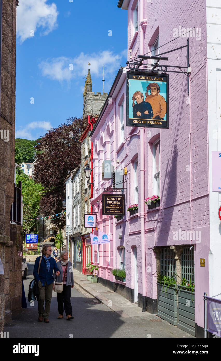 The King of Prussia Hotel and view down Market Street in the town centre, Fowey, Cornwall, England, UK Stock Photo