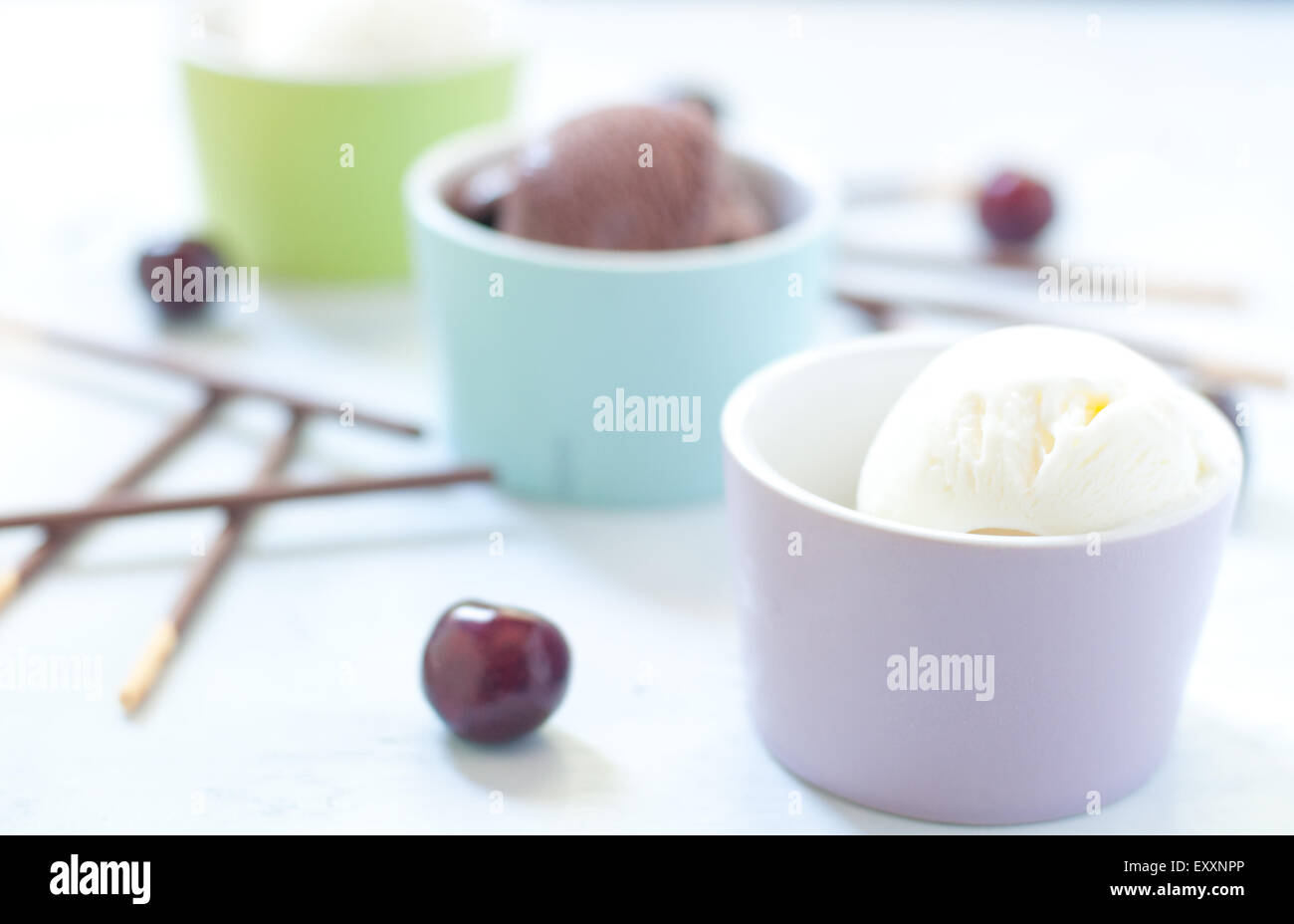 Ice cream with vanilla and chocolate with chocolate bars Stock Photo