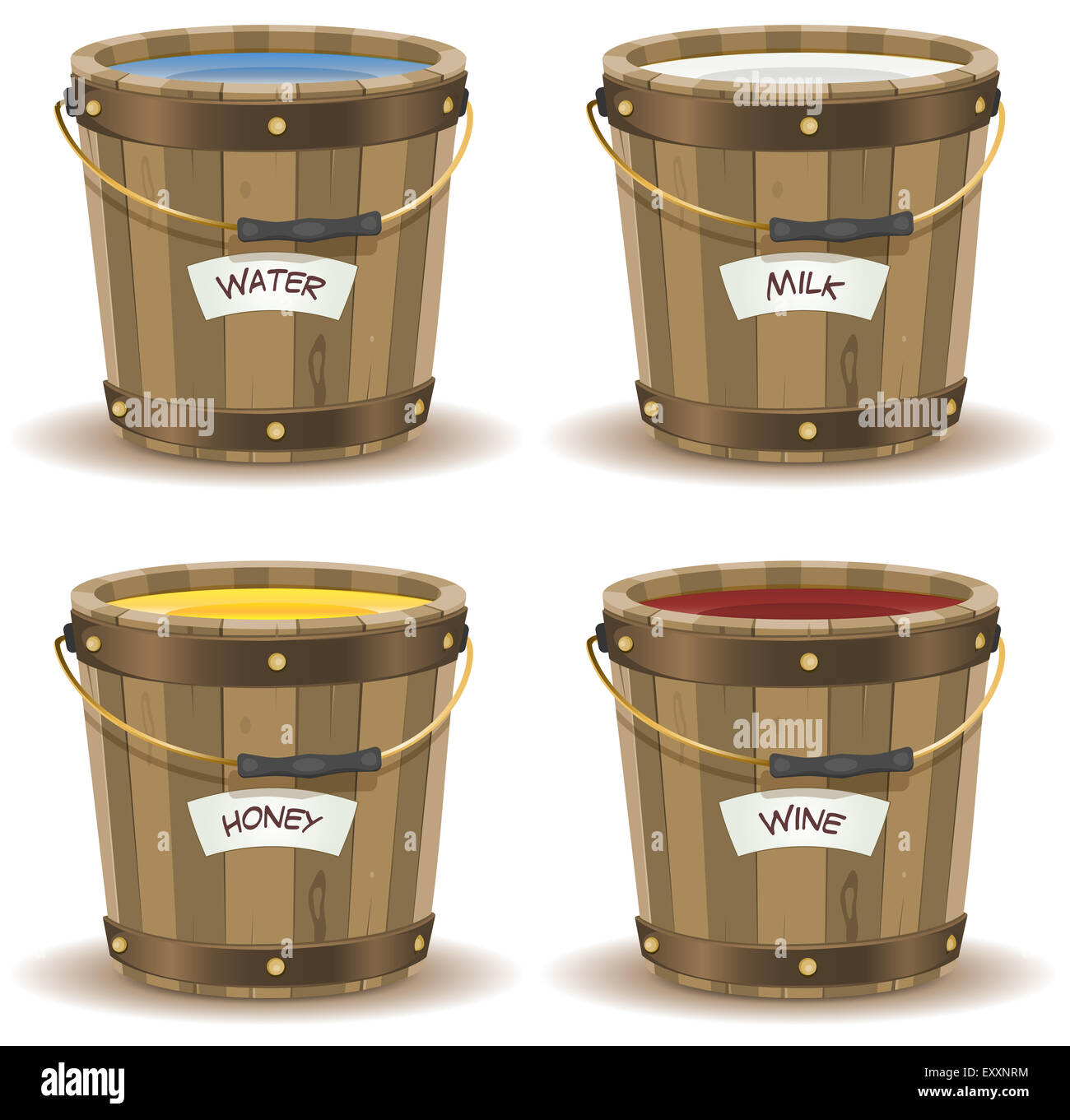 Illustration of a set of cartoon wooden bucket with handle and gold metal strapping, containing various liquid beverage Stock Photo
