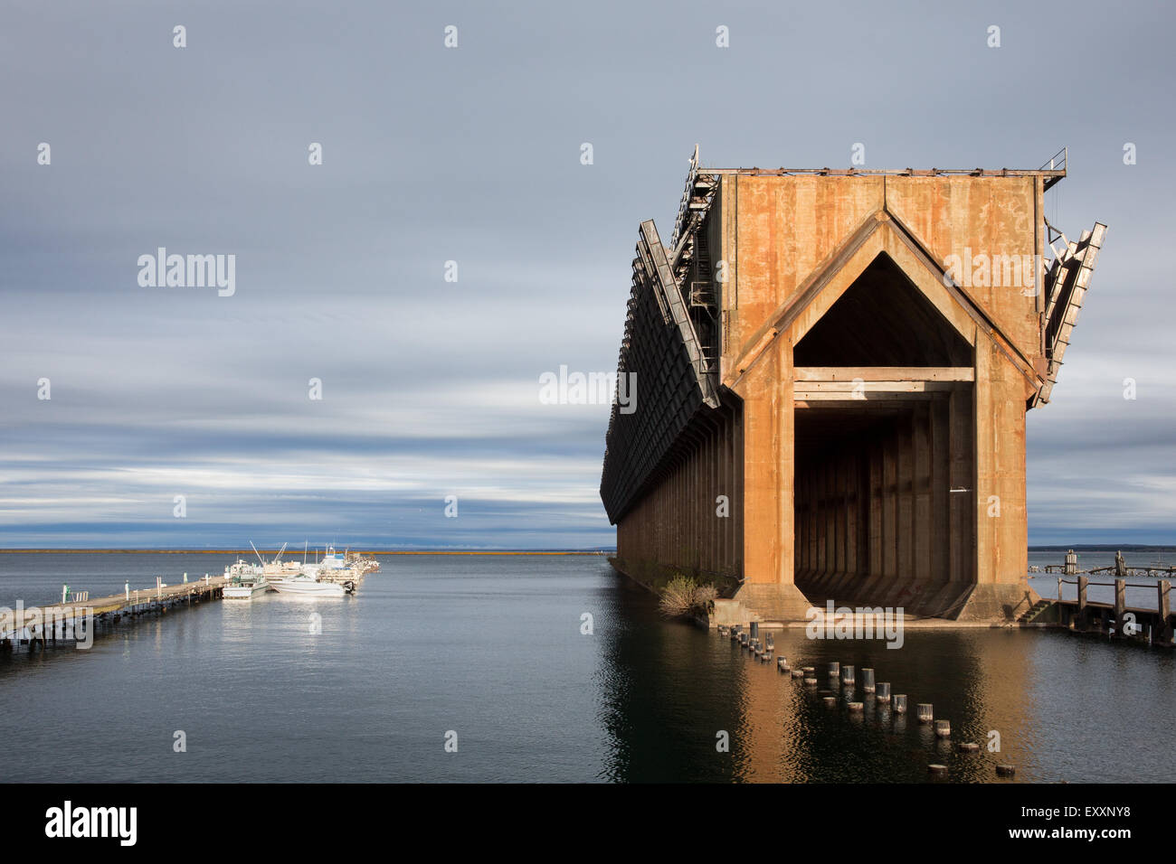 Abandoned ore dock once used to transfer coal and other material between railroad cars and Lake Superior oar boats. Stock Photo