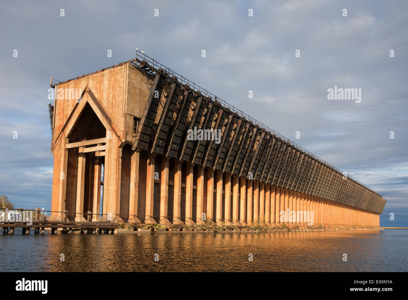 Abandoned ore dock once used to transfer coal and other material between railroad cars and Lake Superior oar boats. Stock Photo