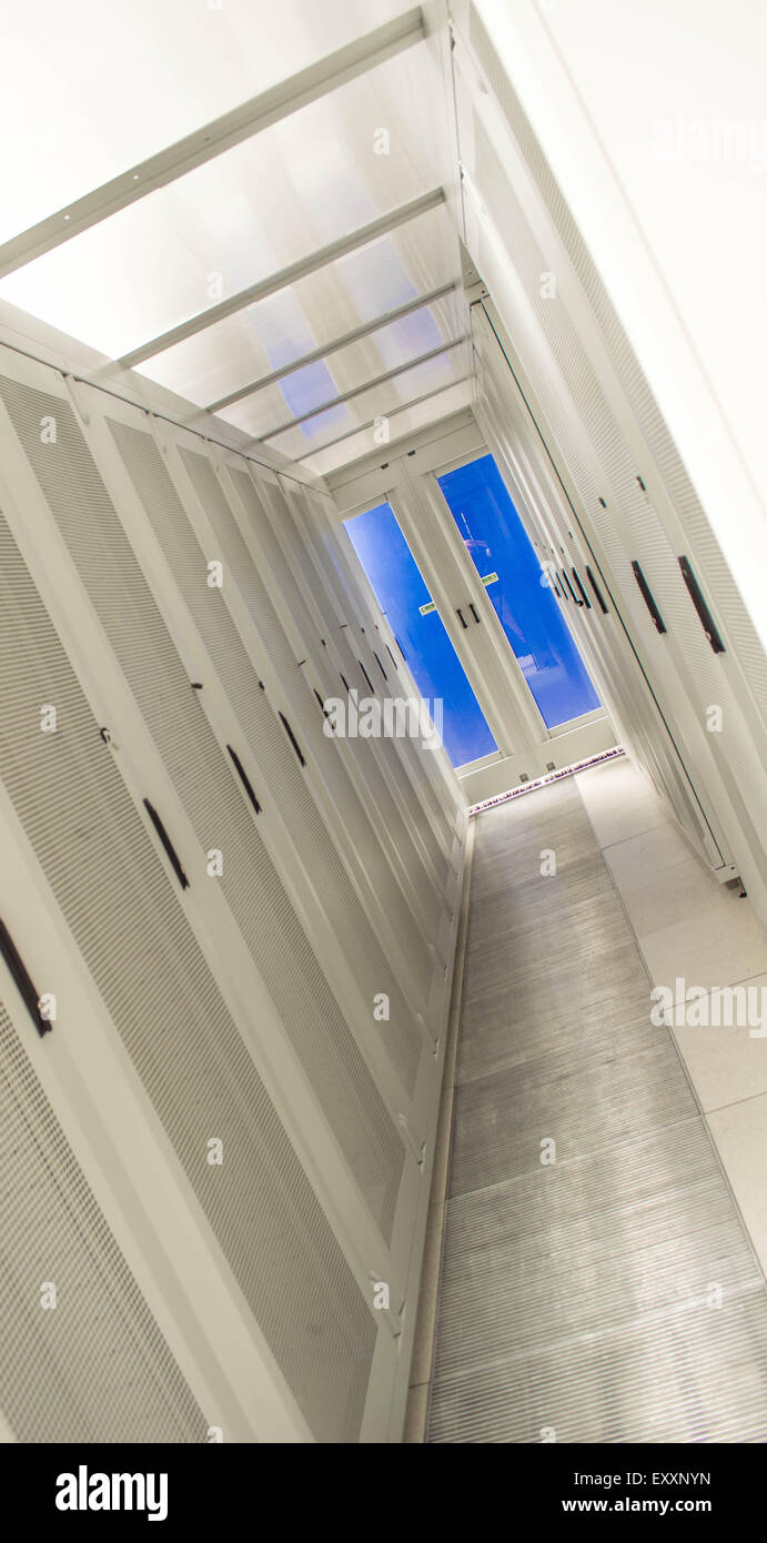 Cold Aisle with Server cabinets and sliding doors Stock Photo