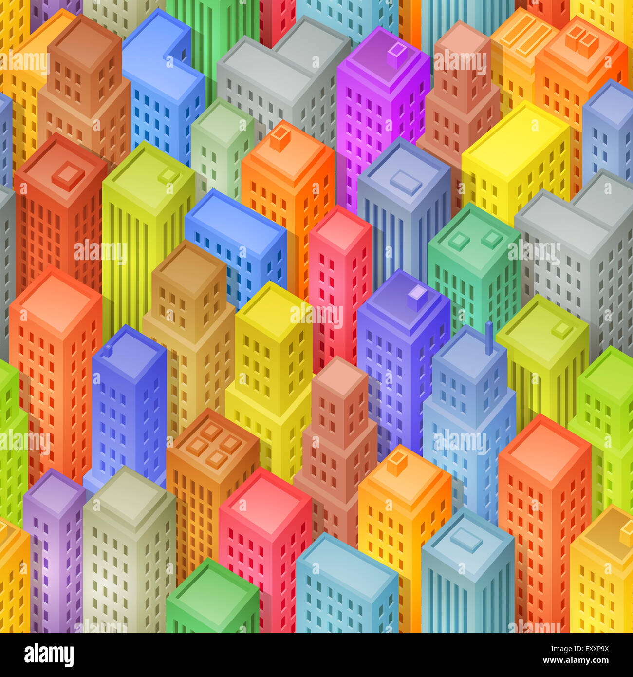 Illustration of a seamless funny cartoon squared big city background with several isometric buildings Stock Photo