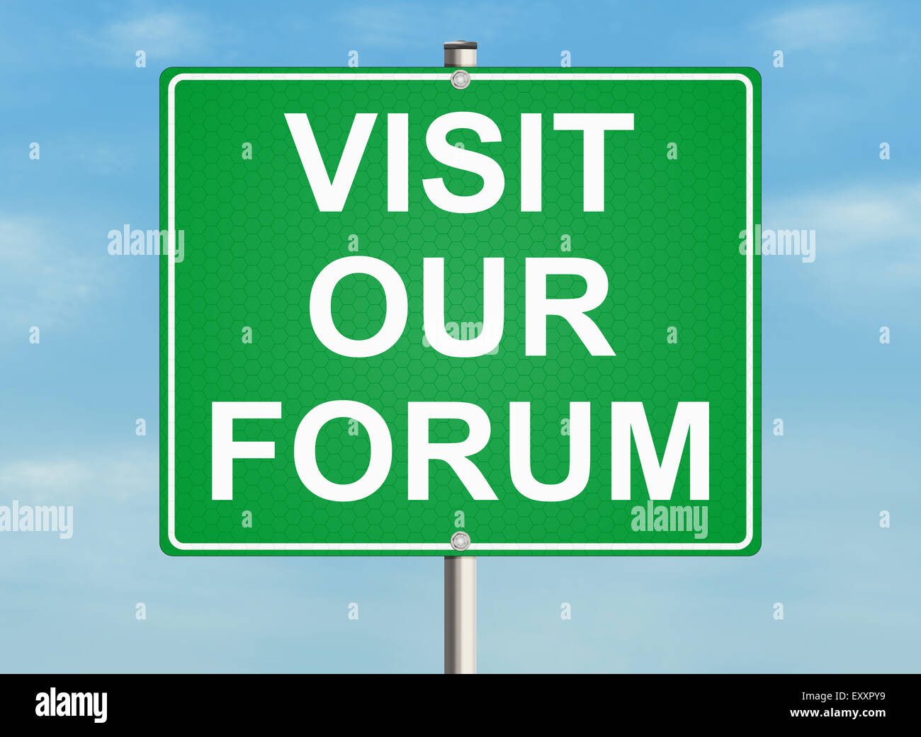 Forum. Road sign on the sky background. Raster illustration. Stock Photo