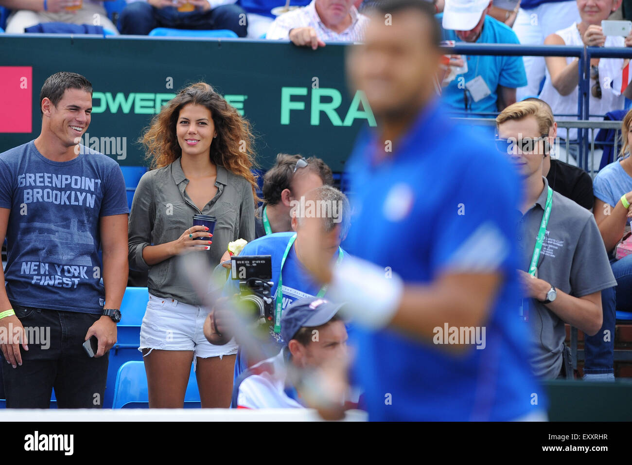 Queens Club, London, UK. 17th July, 2015. Davis Cup quarter-final. England versus France. Jo Wilfried Tsonga (Fra) and wife Nora Credit:  Action Plus Sports/Alamy Live News Stock Photo