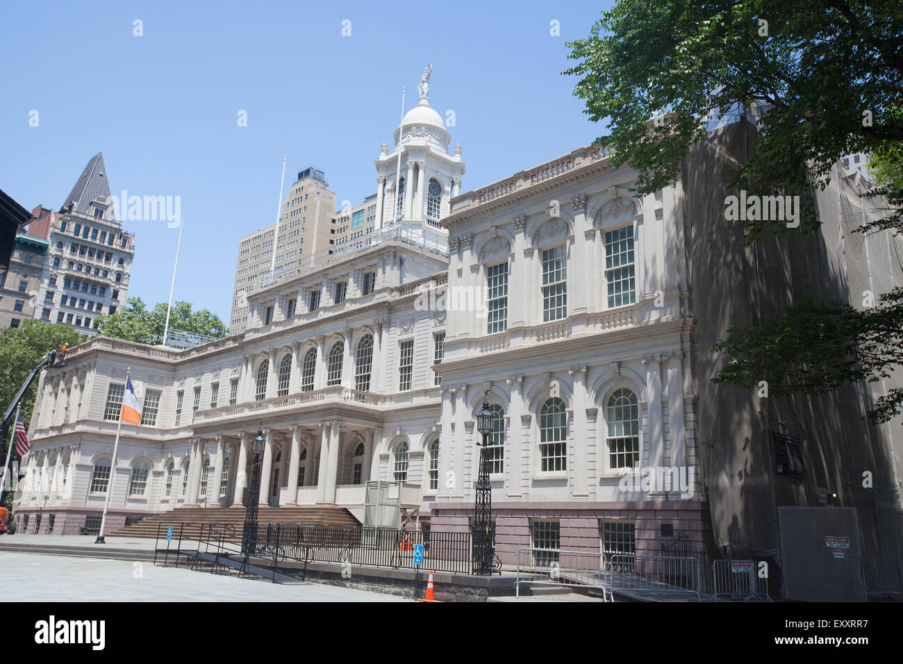 NEW YORK - May 30, 2015: New York City Hall is located at the center of City Hall Park in the Civic Center area of Lower Manhatt Stock Photo