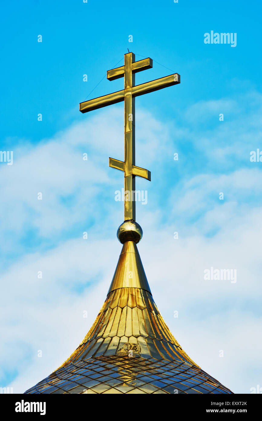 Cross on the dome of the Orthodox Church against the blue sky Stock ...