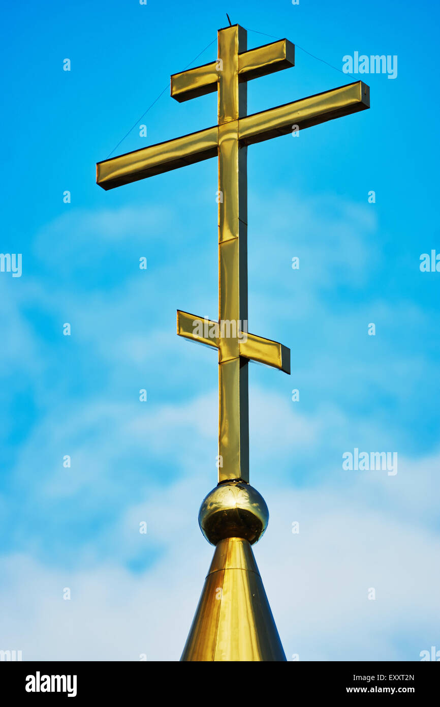 Cross on the dome of the Orthodox Church against the blue sky Stock ...