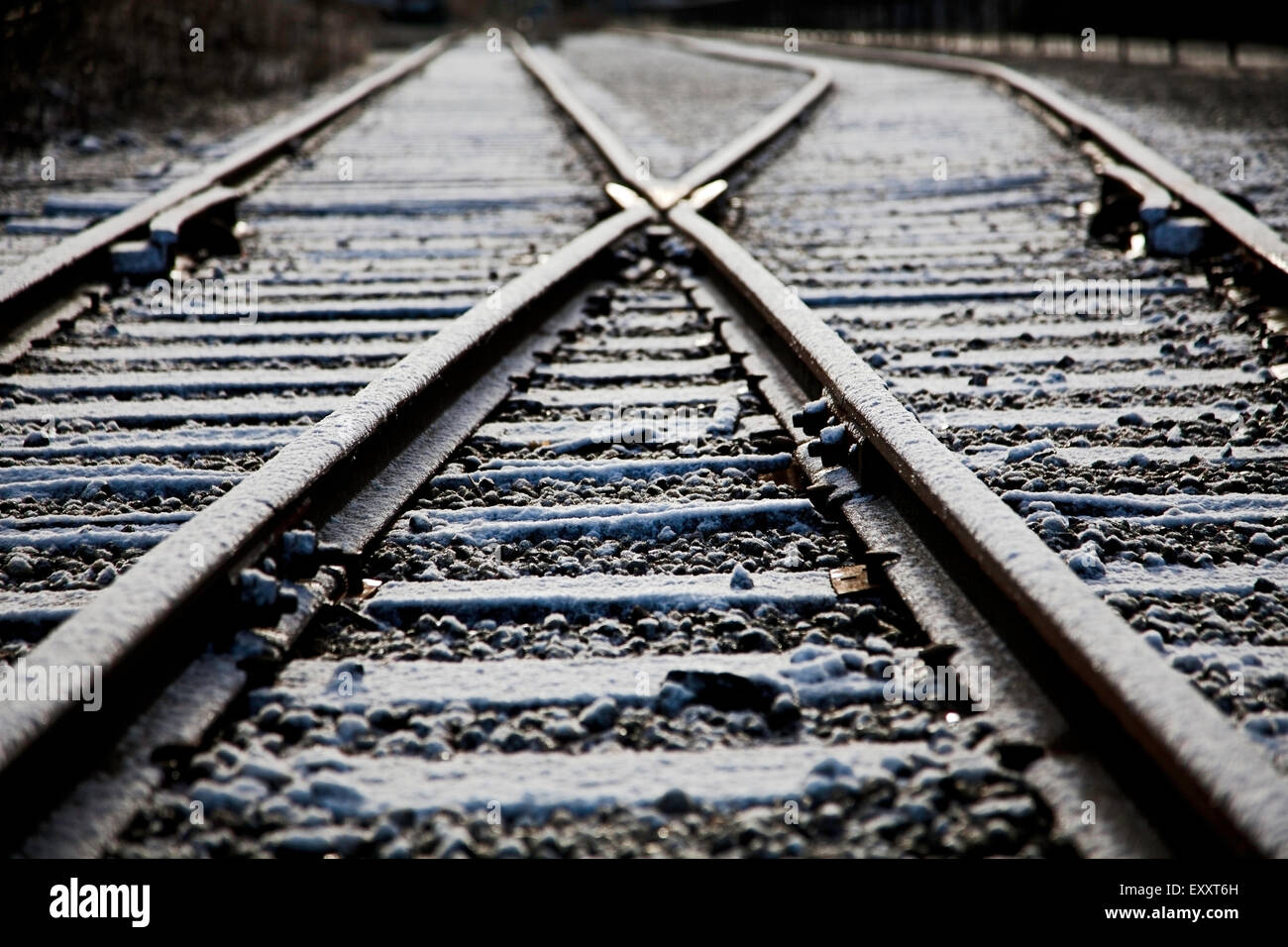 Snow covered train tracks in Fremont, Seattle Washington Stock Photo