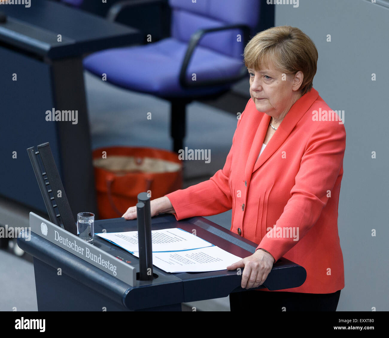 Berlin, Germany. 17th July, 2015. Special session of the German Parliament - consultation of government on the ' negotiations of the Government Federal relative to the concession of financial support for the Hellenic Republic of Greece ' realized at the German Parliament on 17.07.2015 in Berlin, Germany. / Picture: German Chancellor Angela Merkel during her speech relative to the concession of financial support for the Hellenic Republic of Greece at the Bundestag Credit:  Reynaldo Chaib Paganelli/Alamy Live News Stock Photo
